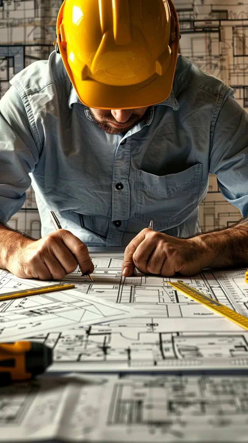 Focused man in a yellow safety helmet leaning over an extensive set of architectural blueprints, carefully marking measurements with a pencil. The detailed plans are spread out on a table, with a tape measure visible, signifying precision work in the field of engineering or architecture.