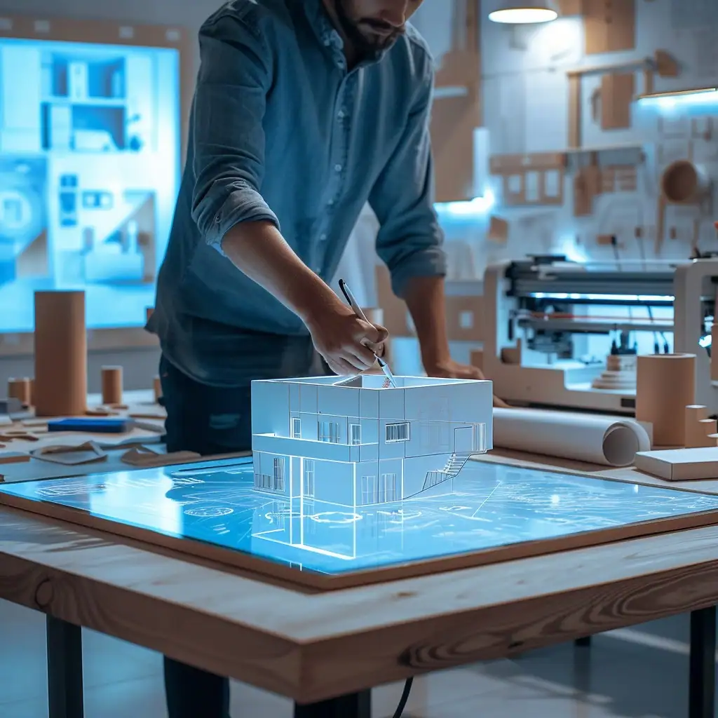 An architect works on a small scale model of a modern building, which is illuminated by light from a digital blueprint on an interactive table, with rolled blueprints and architectural tools scattered around in a high-tech design studio.