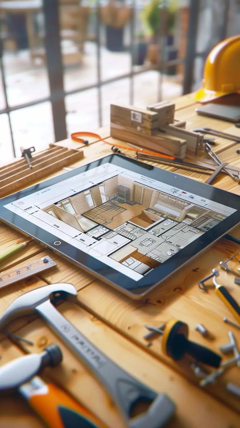 An angled view of a digital tablet displaying a 3D architectural floor plan, surrounded by carpentry and measuring tools, safety helmets, and wooden models on a well-lit workbench with large windows in the background.