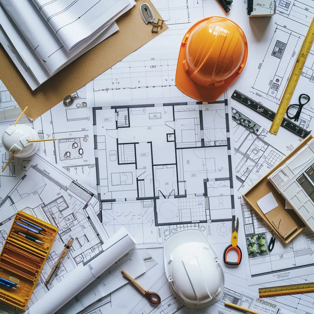 Top view of a well-organized workspace containing rolled and flat architectural blueprints, two safety helmets, measuring tools, and other construction tools spread out on a table, indicating an active architectural and engineering planning process.
