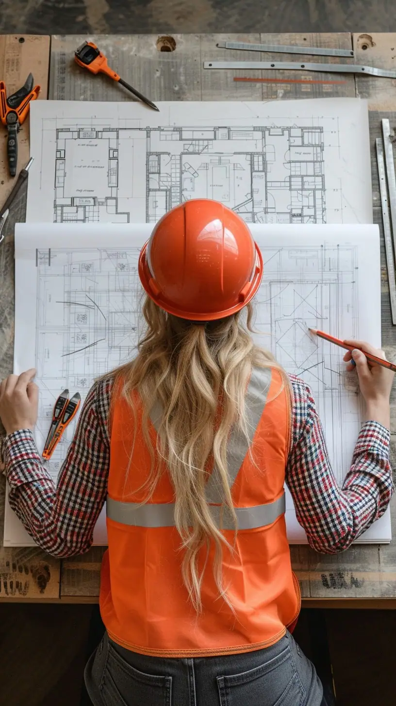 A woman in an orange safety helmet and reflective vest leans over a table to examine architectural blueprints among various tools, like a box cutter and measuring tape, illustrating a professional in the midst of construction planning.