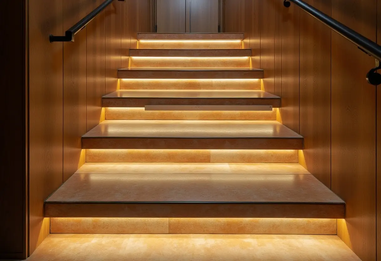 A statement staircase with integrated LED lighting in a luxury Manhattan renovation, enhancing both style and safety.