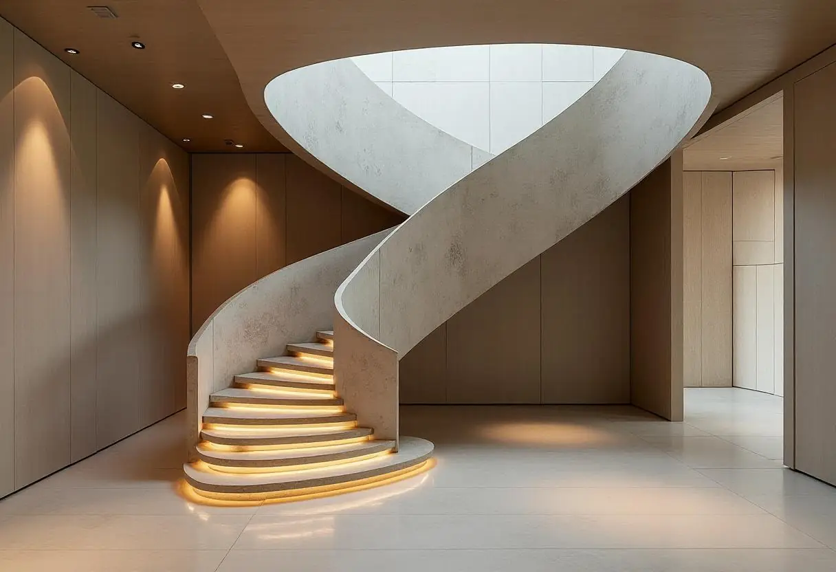 A sculptural staircase made with mixed materials, including steel and polished plaster, in a luxury Manhattan home.