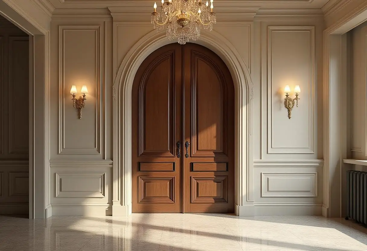 A luxurious Manhattan entryway featuring custom millwork, with elegant wainscoting and a grand decorative door frame.