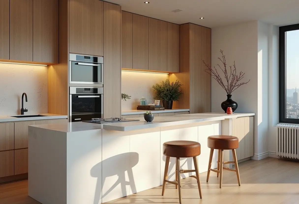 Custom kitchen cabinets with high-end finishes and integrated appliances in a Manhattan luxury home.