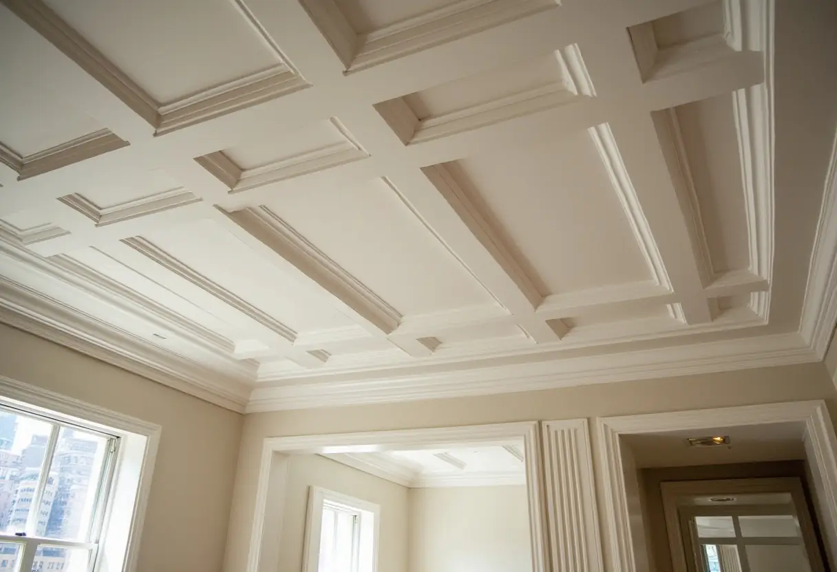 A beautifully designed coffered ceiling with intricate moldings, adding depth and sophistication to a luxury Manhattan interior.