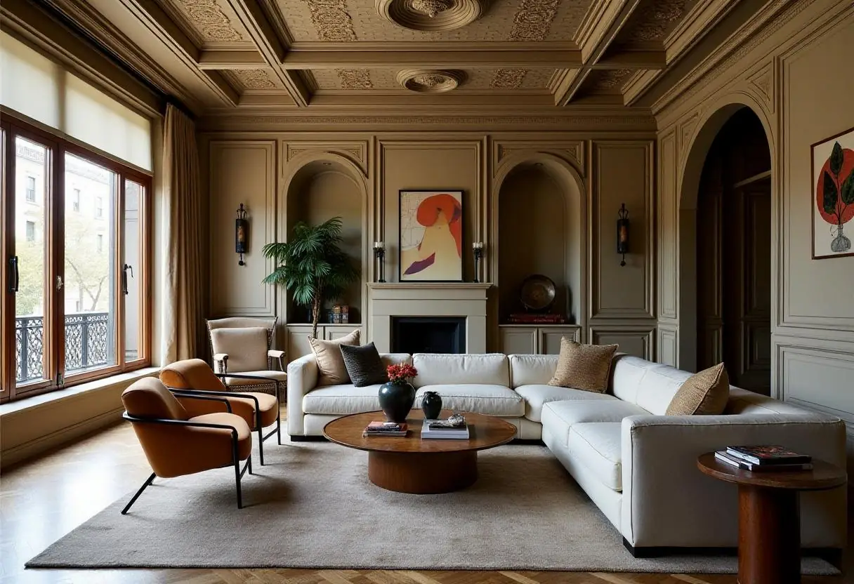 A luxury Manhattan living room with an ornate ceiling, featuring geometric patterns and artistic painted accents.