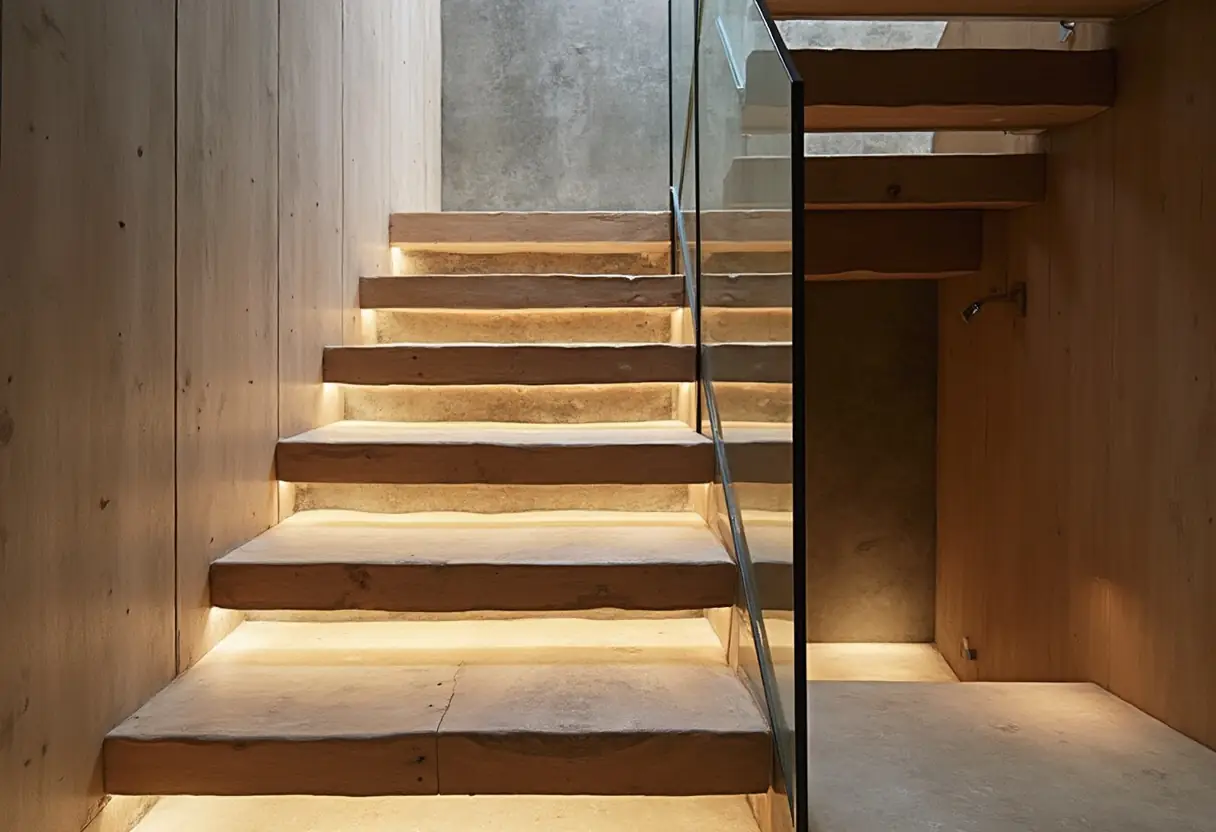 A modern staircase in a Manhattan home, featuring floating steps and mixed materials for a stunning visual impact.