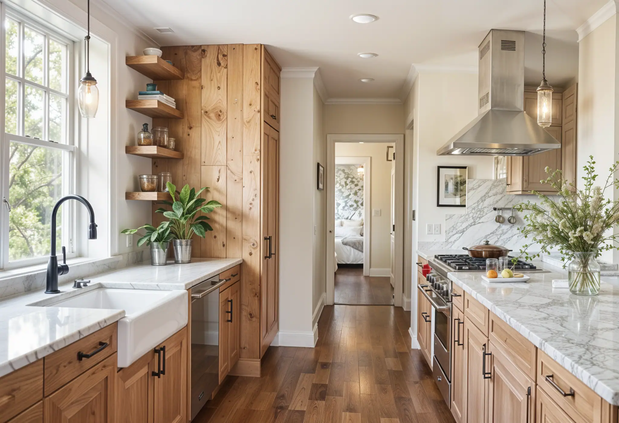 Sustainable millwork in a Manhattan home, featuring reclaimed wood cabinetry and energy-efficient materials.