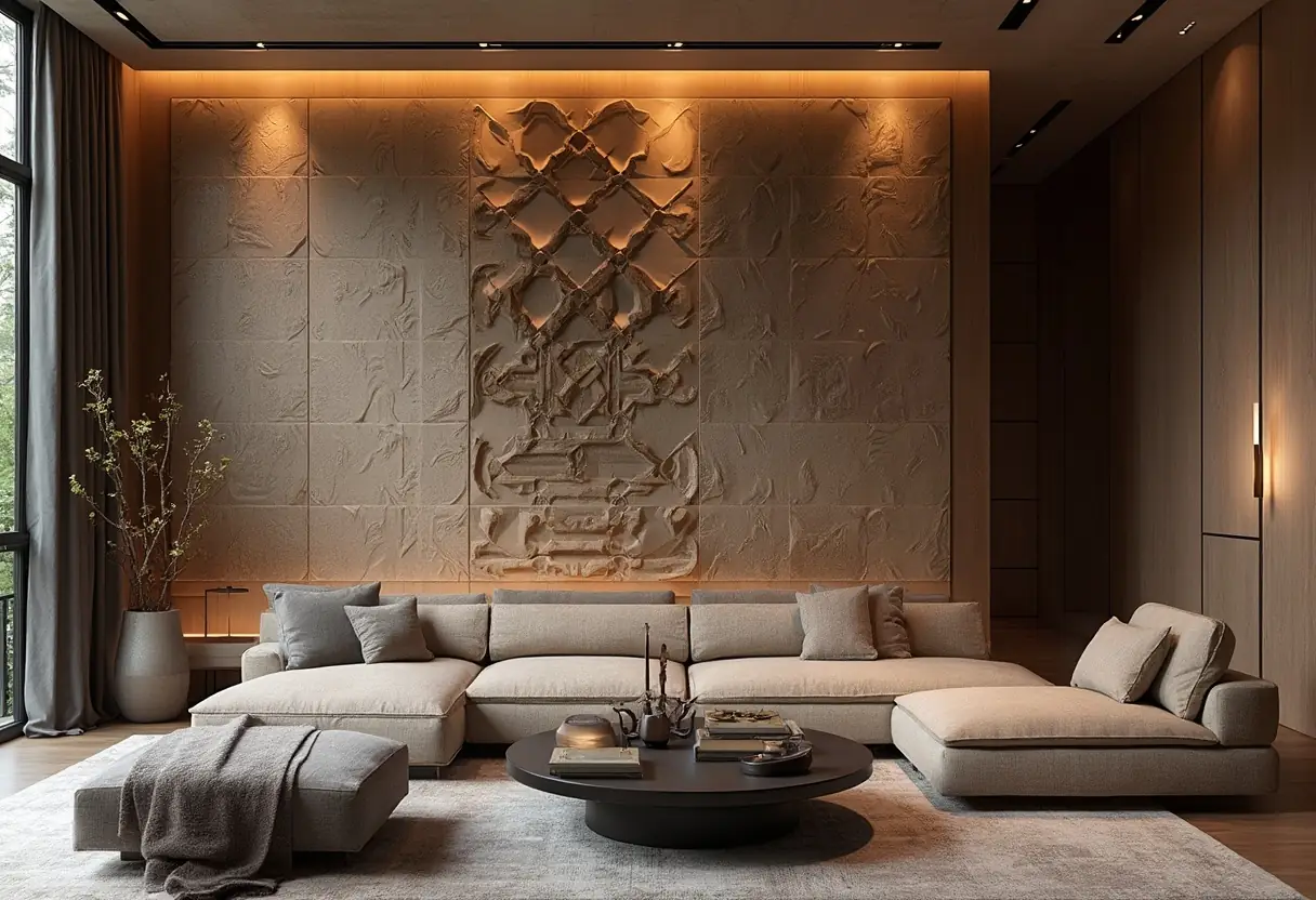 A living room with artisanal wall paneling in Manhattan, showcasing 3D textured panels and geometric designs.