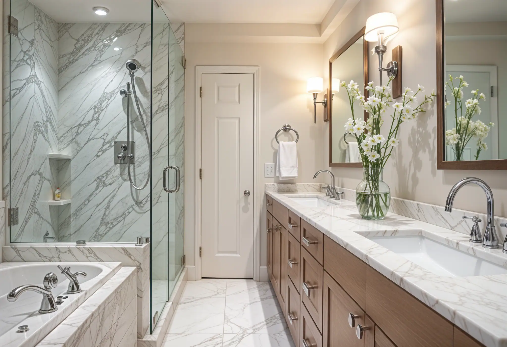 A luxurious Manhattan bathroom featuring a custom vanity, marble sink, and spa-like shower enclosure.