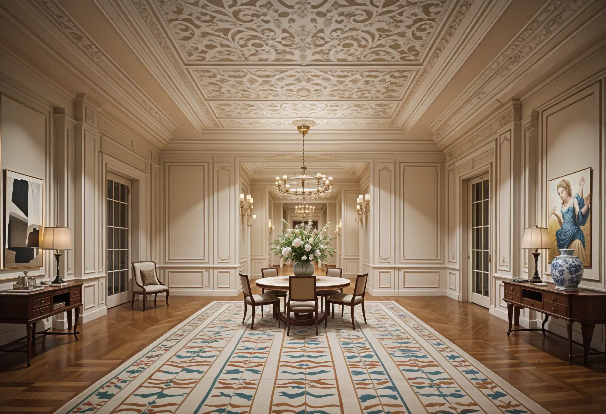 A luxurious coffered ceiling in a Manhattan home, featuring geometric patterns and intricate moldings.