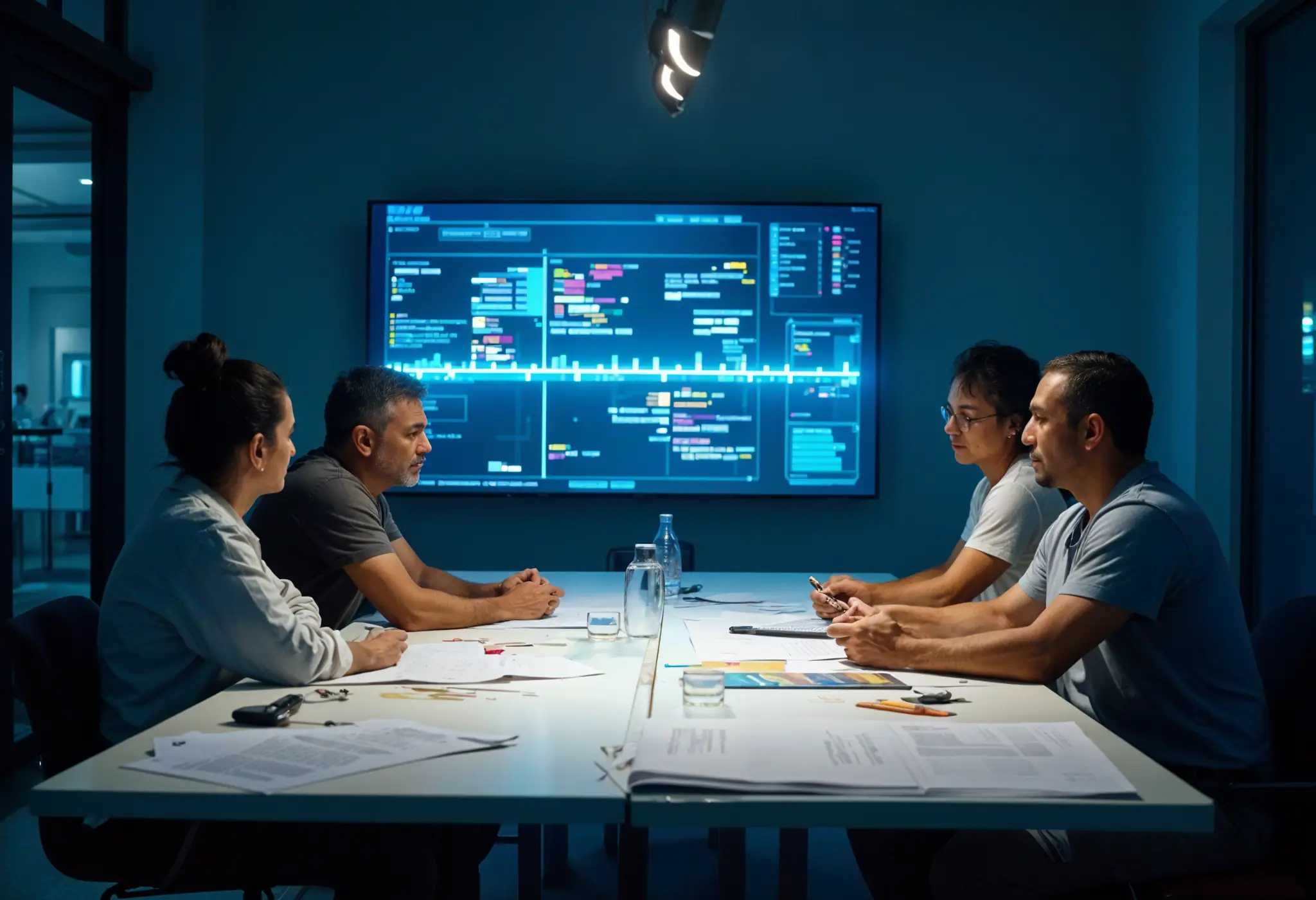A group of designers and contractors gathered around a table discussing project updates in a weekly meeting.