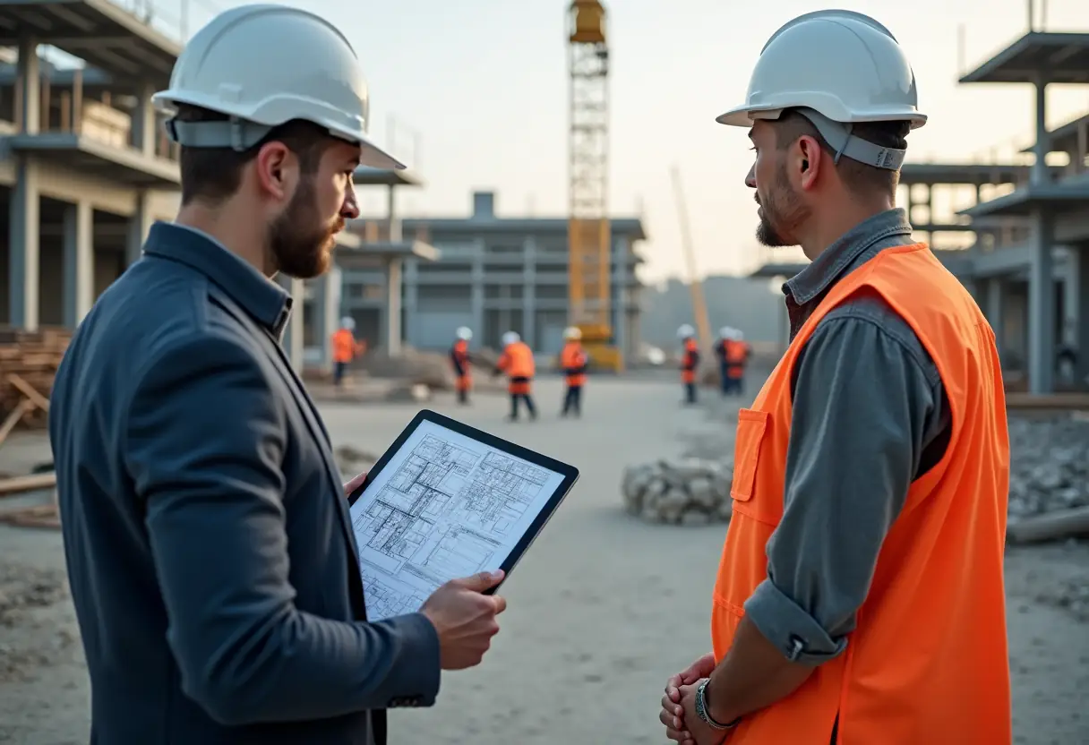 A designer and contractor working separately but cooperatively at a large project site, both reviewing their respective roles.