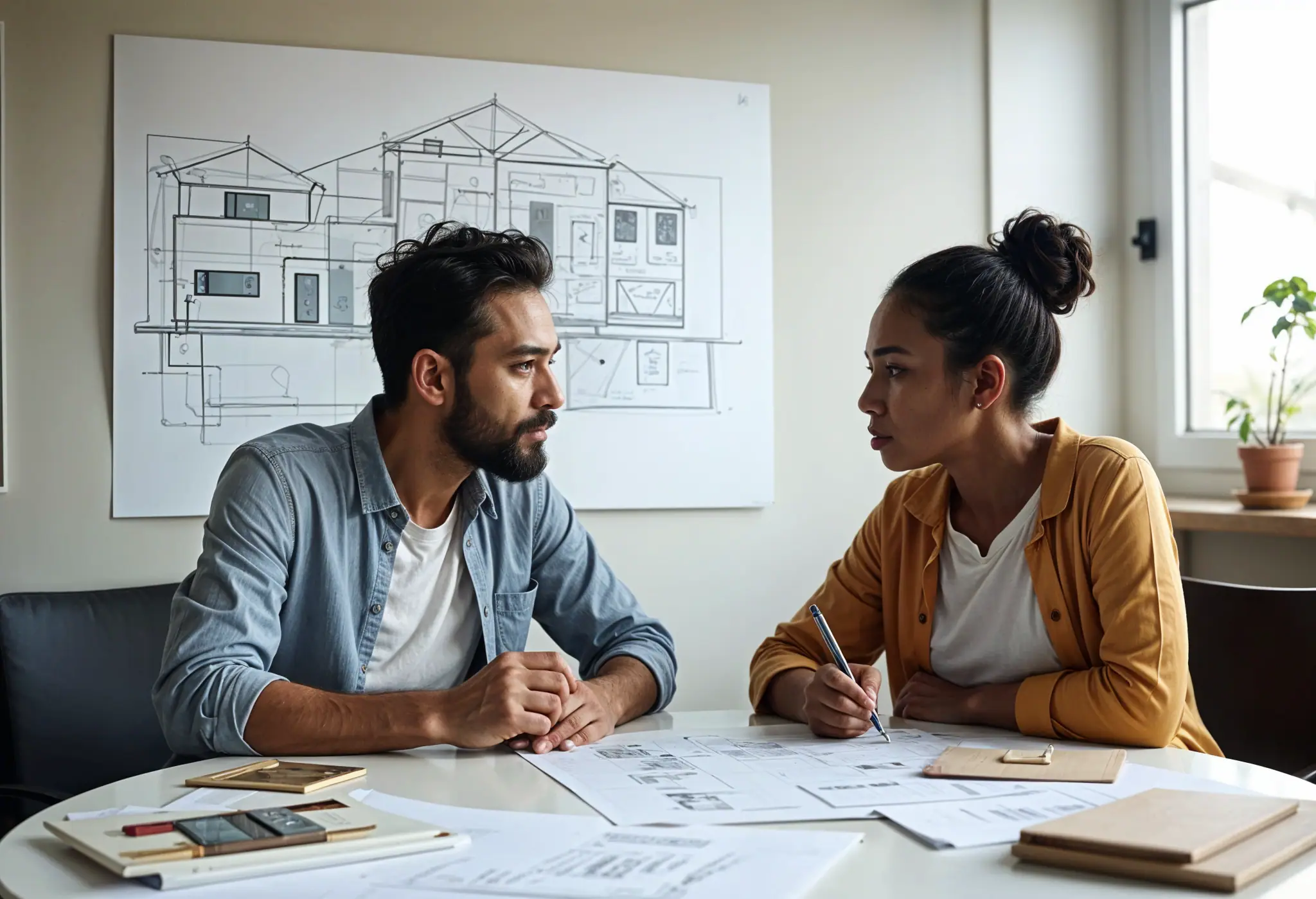 A designer and contractor resolving a conflict through a calm discussion at a construction site, with plans and notes visible.
