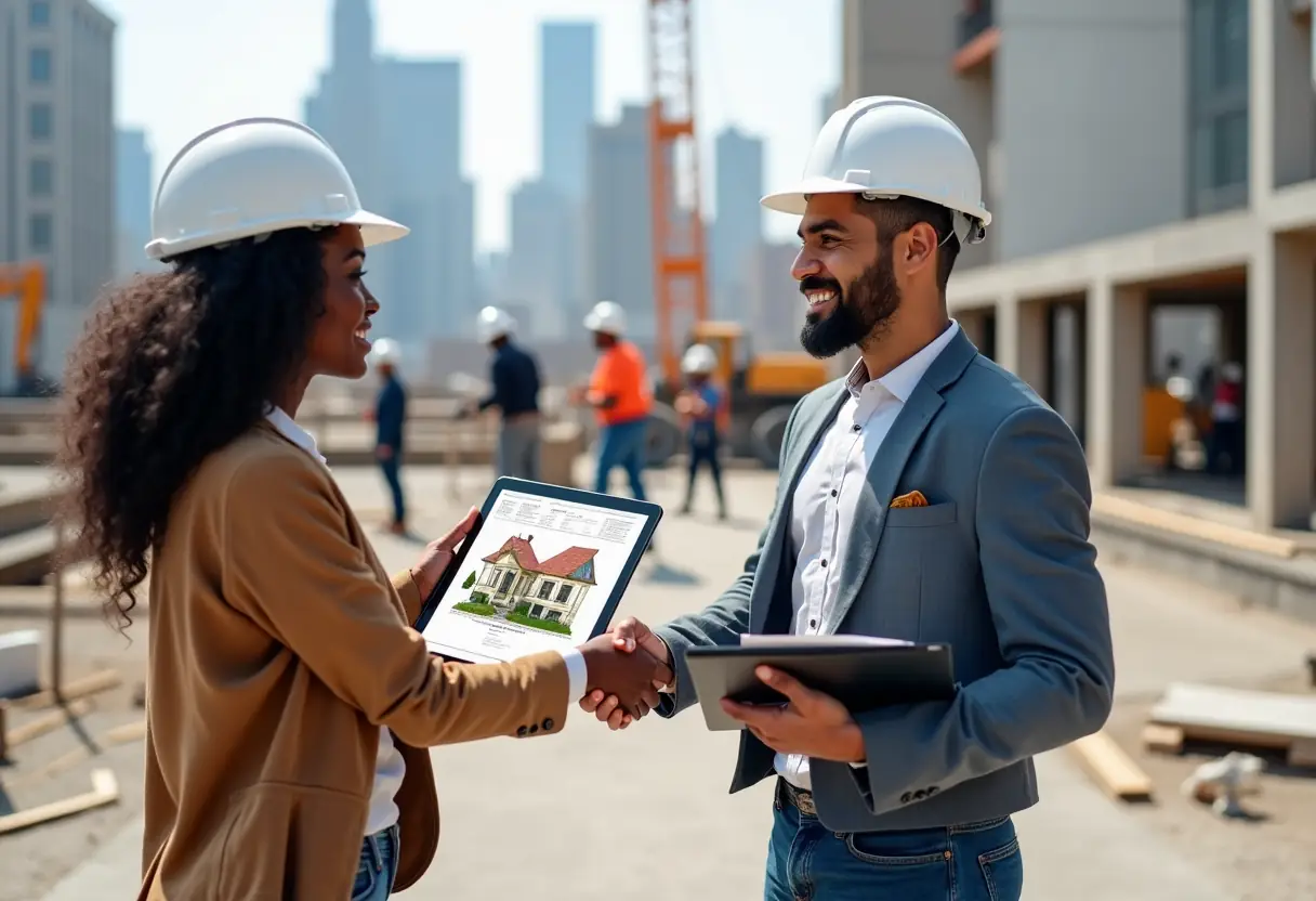 Two professionals, a designer and a contractor, shaking hands on a construction site, symbolizing trust and collaboration.