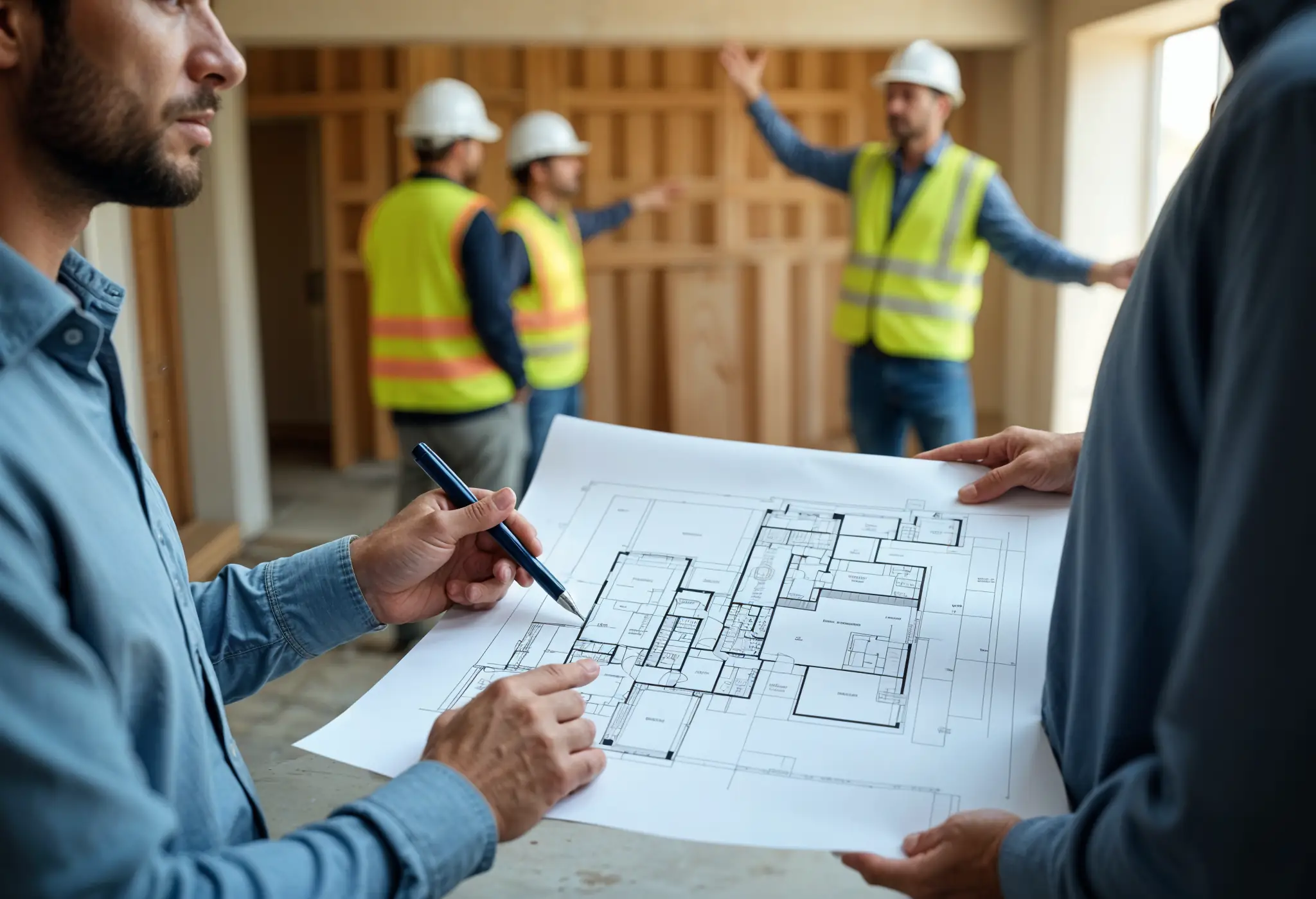A designer reviewing floor plans while a contractor organizes equipment and workers in the background on a construction site.
