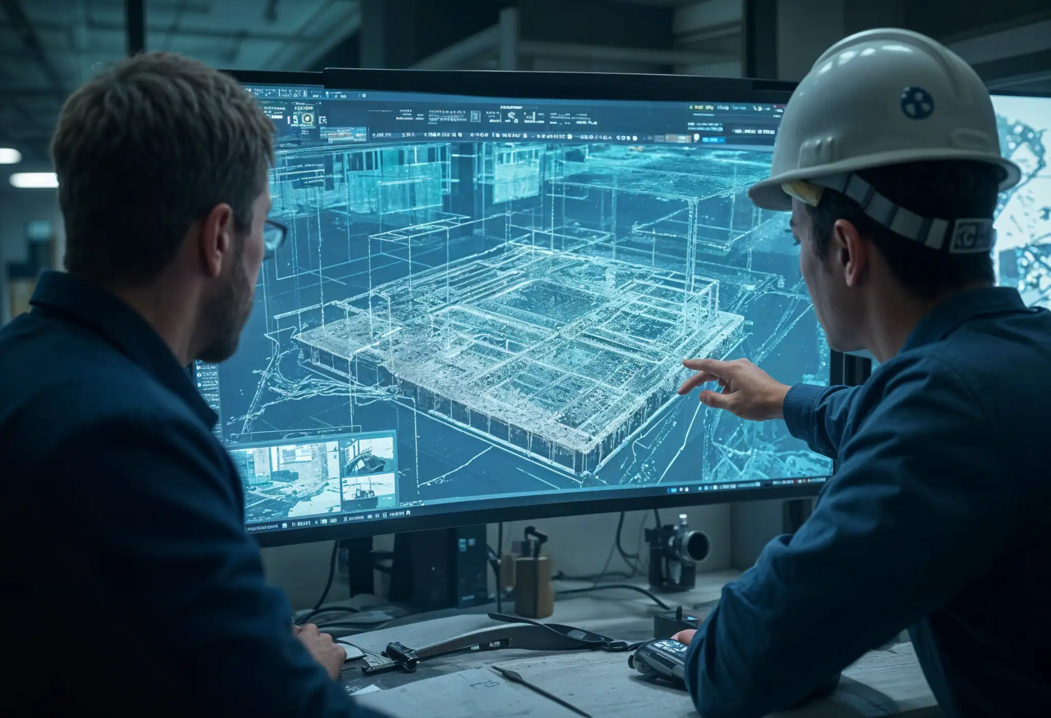 A designer and contractor collaborating over a 3D model of a building displayed on a large computer screen in an office.