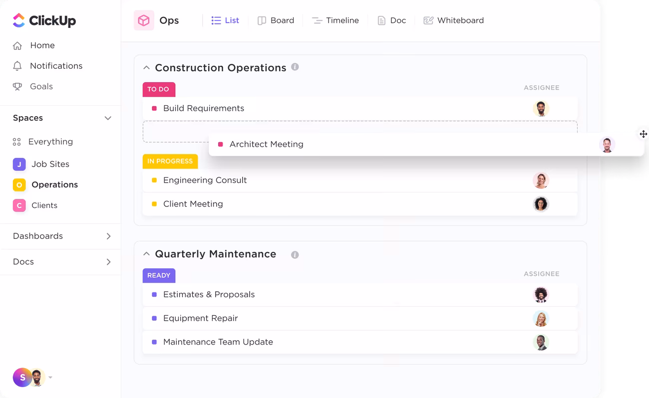 ClickUp's Gantt chart view allows construction managers to efficiently visualize project timelines and manage dependencies.