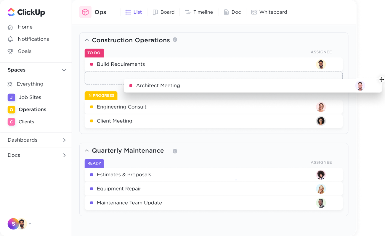 ClickUp's Gantt chart view allows construction managers to efficiently visualize project timelines and manage dependencies.