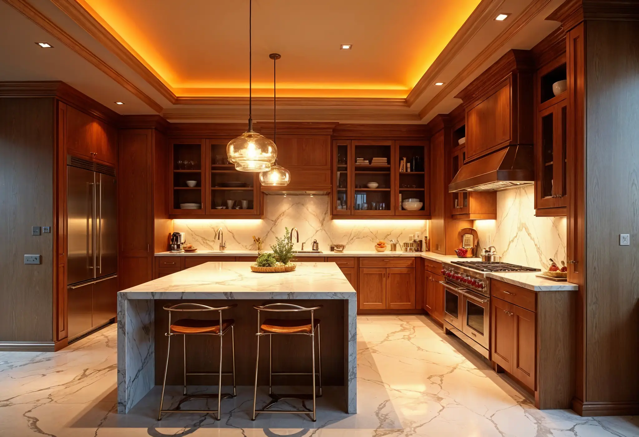 Luxury Manhattan kitchen with custom millwork, marble island, and bespoke cabinetry.