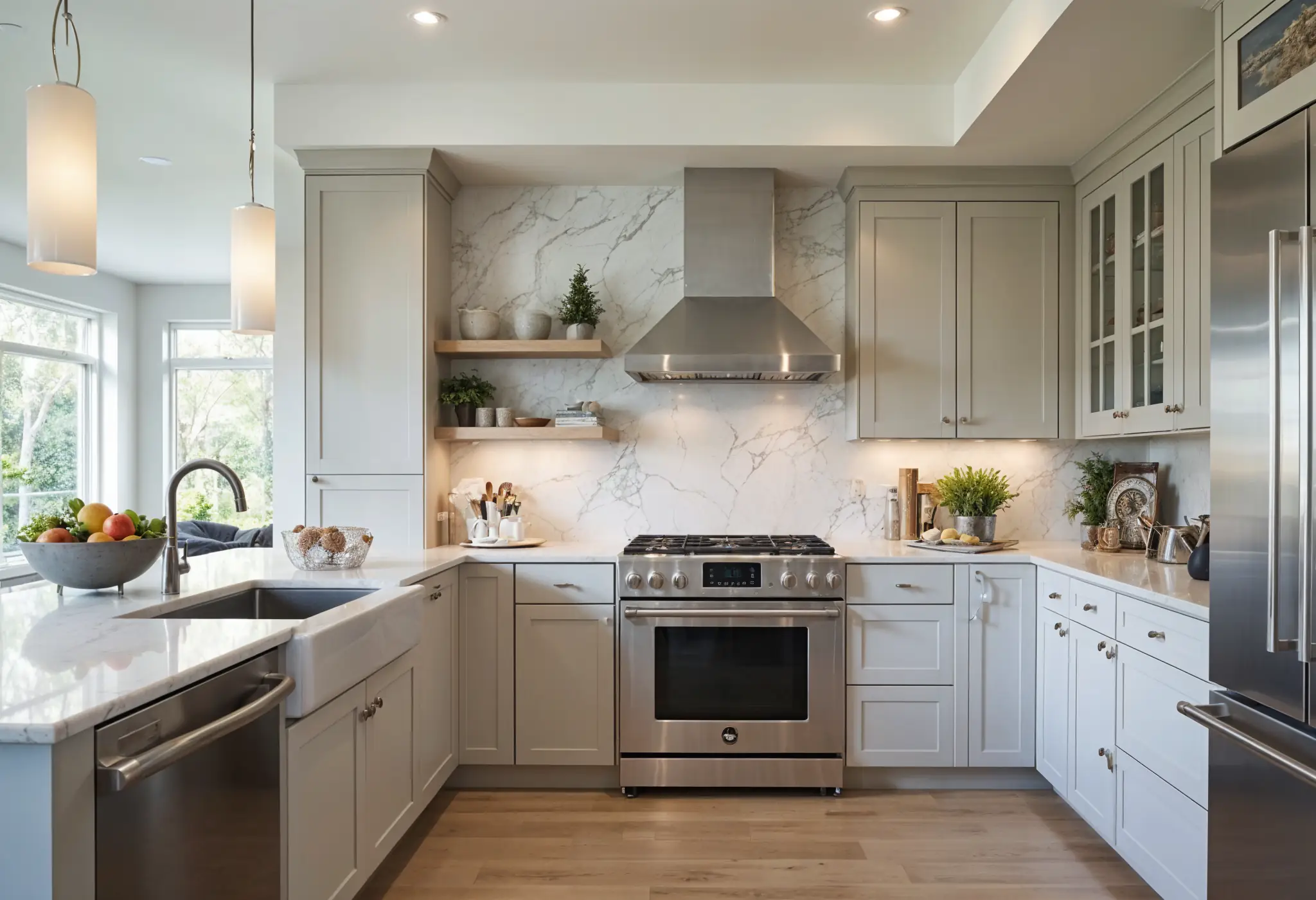 Renovated kitchen with marble countertops and stainless steel appliances.