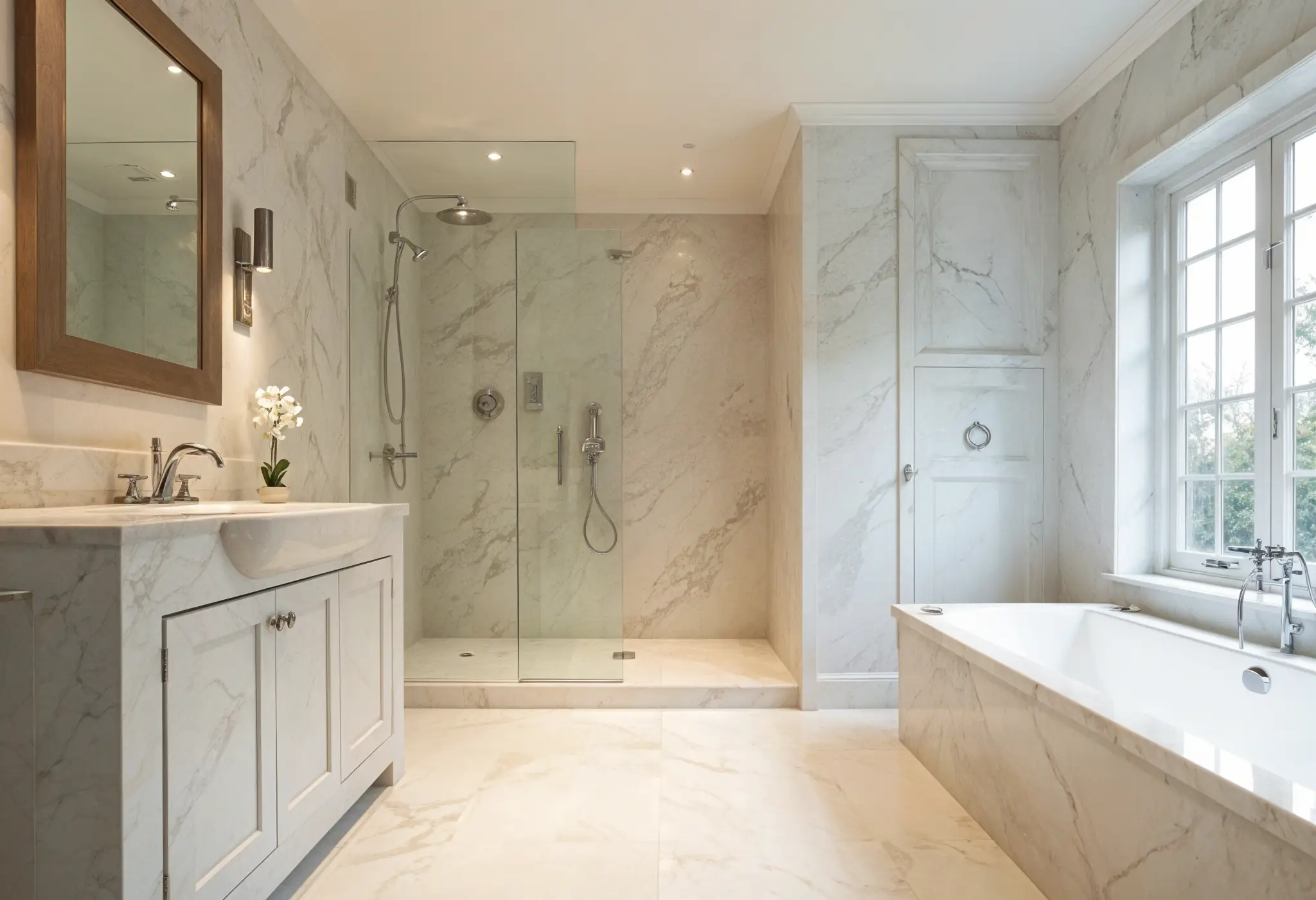 Renovated bathroom with marble finishes and rainfall showerhead.