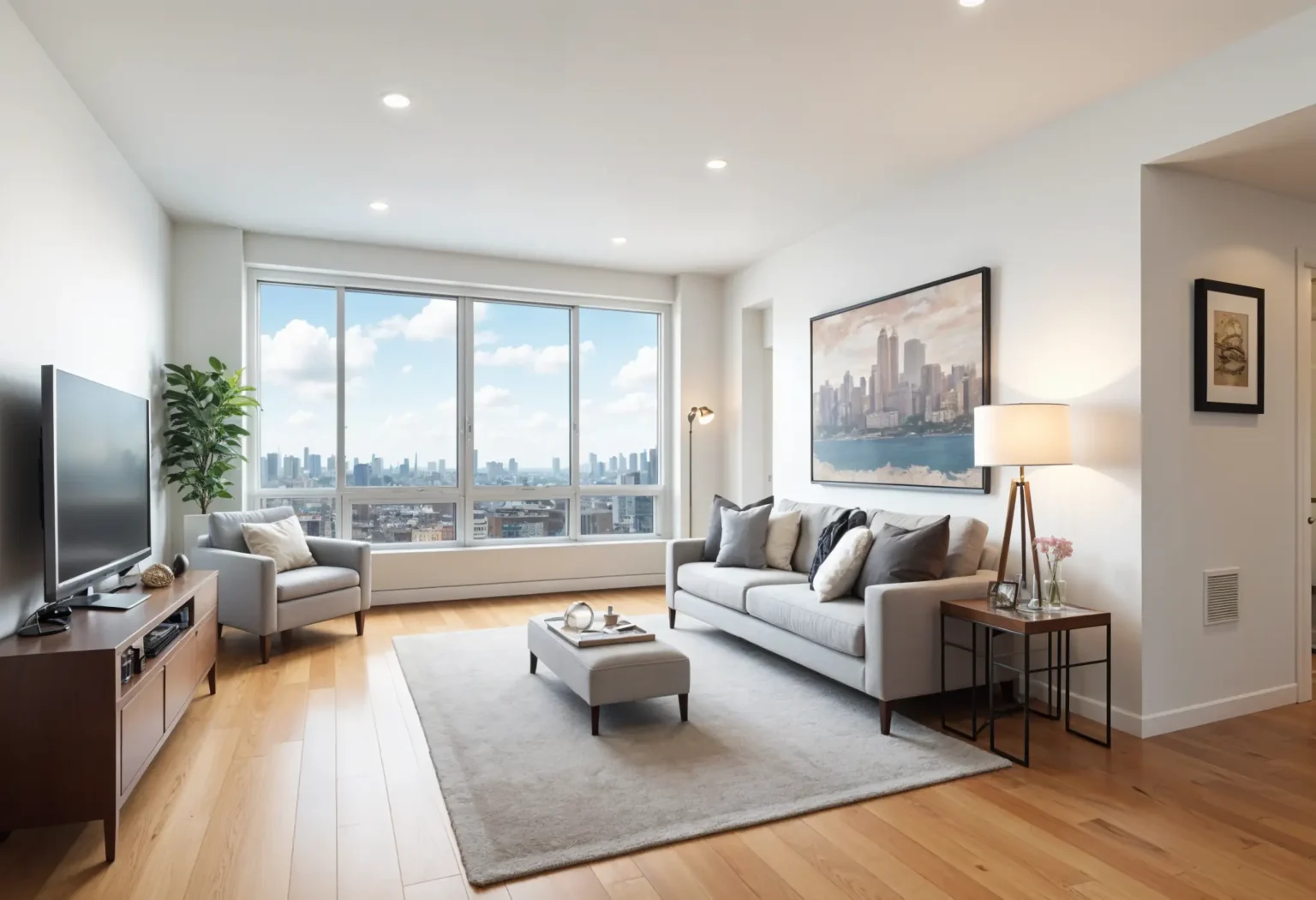 Renovated luxury living room with hardwood floors and city views