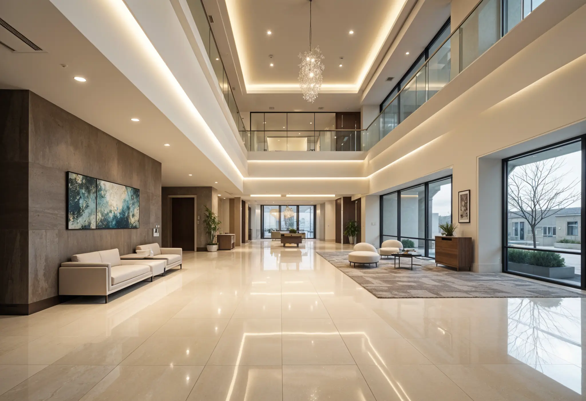 Renovated lobby with modern furniture and lighting in a multi-unit building.