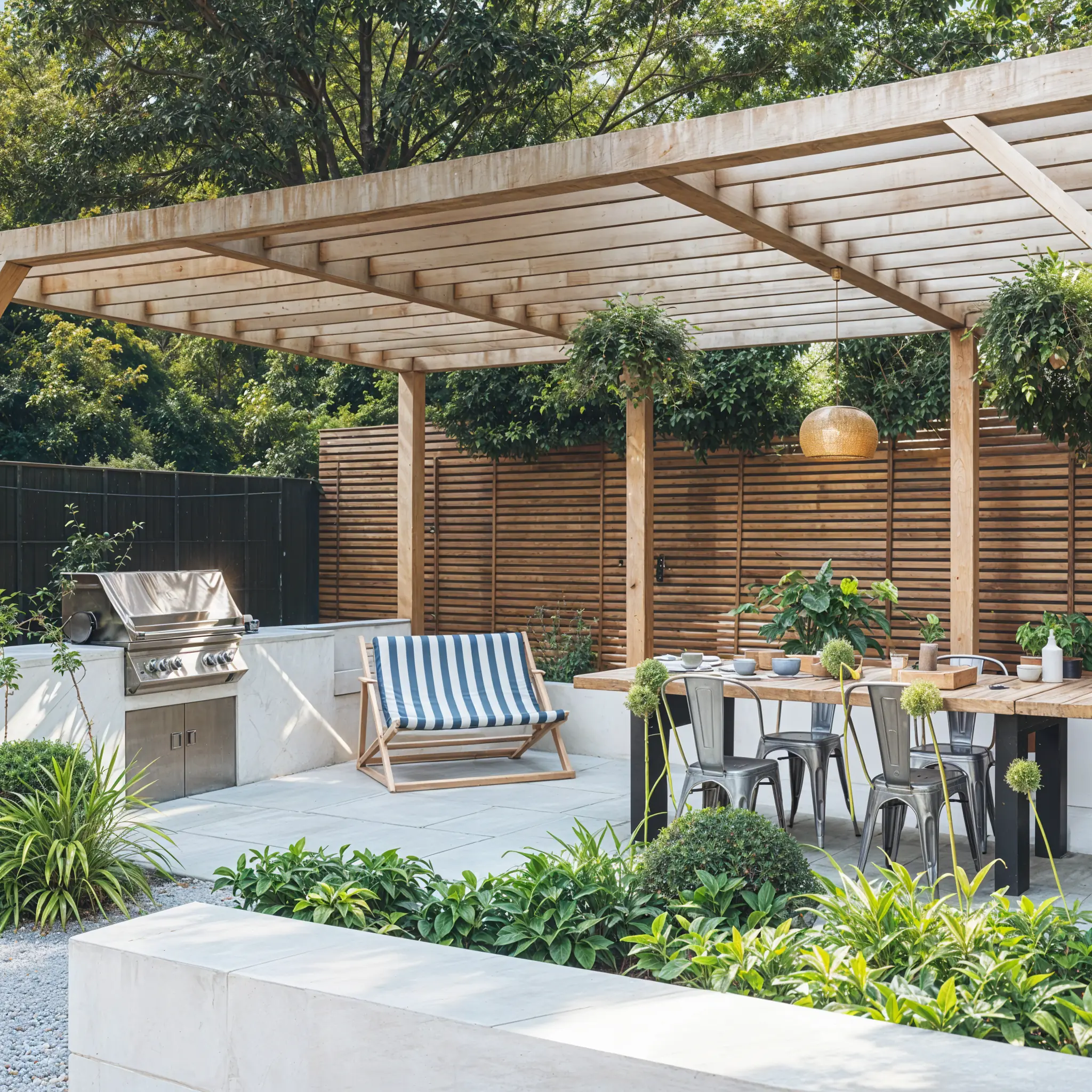 Renovated outdoor common area with a pergola and seating.