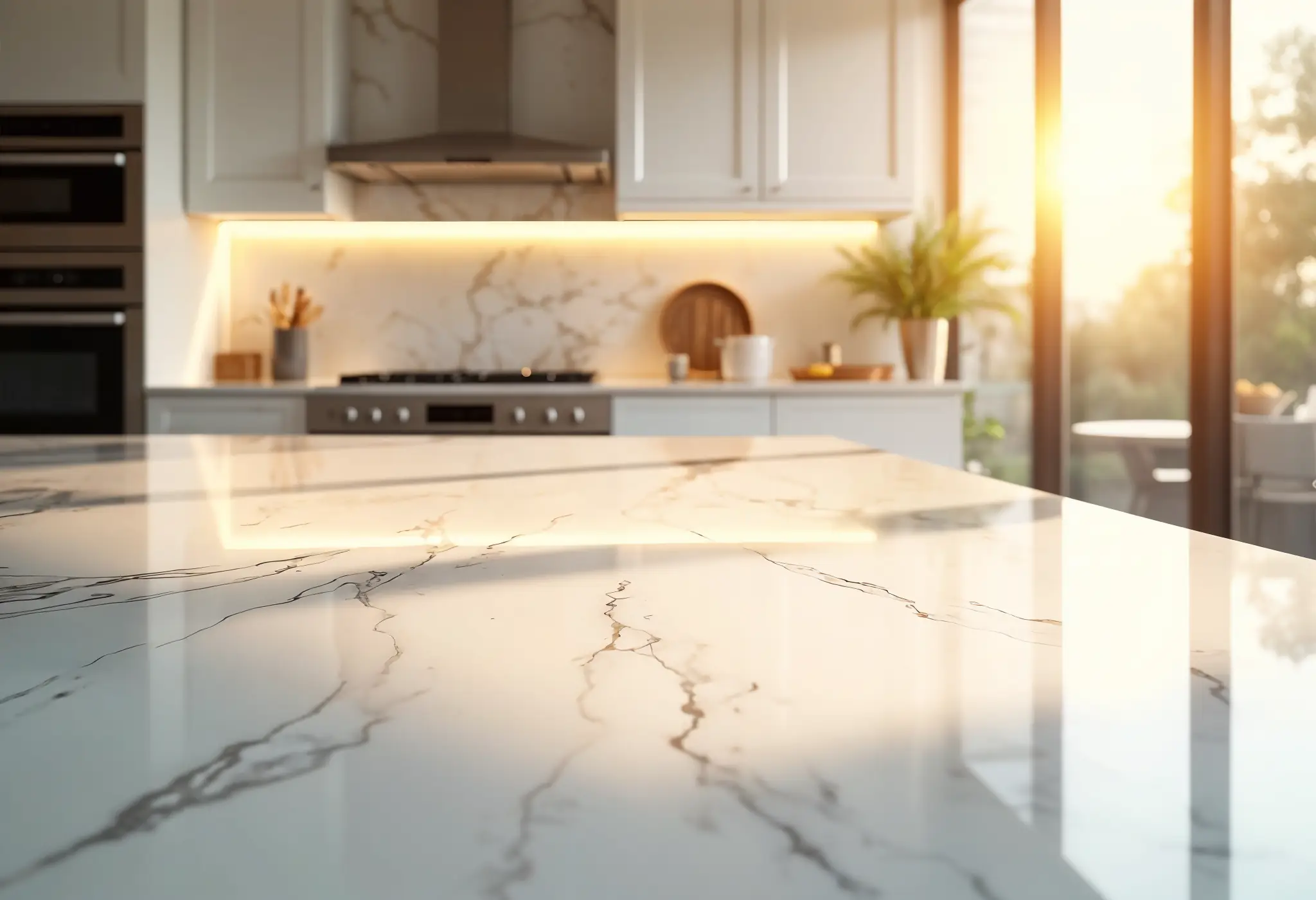 White marble countertops bring timeless elegance and brightness to high-end kitchens.