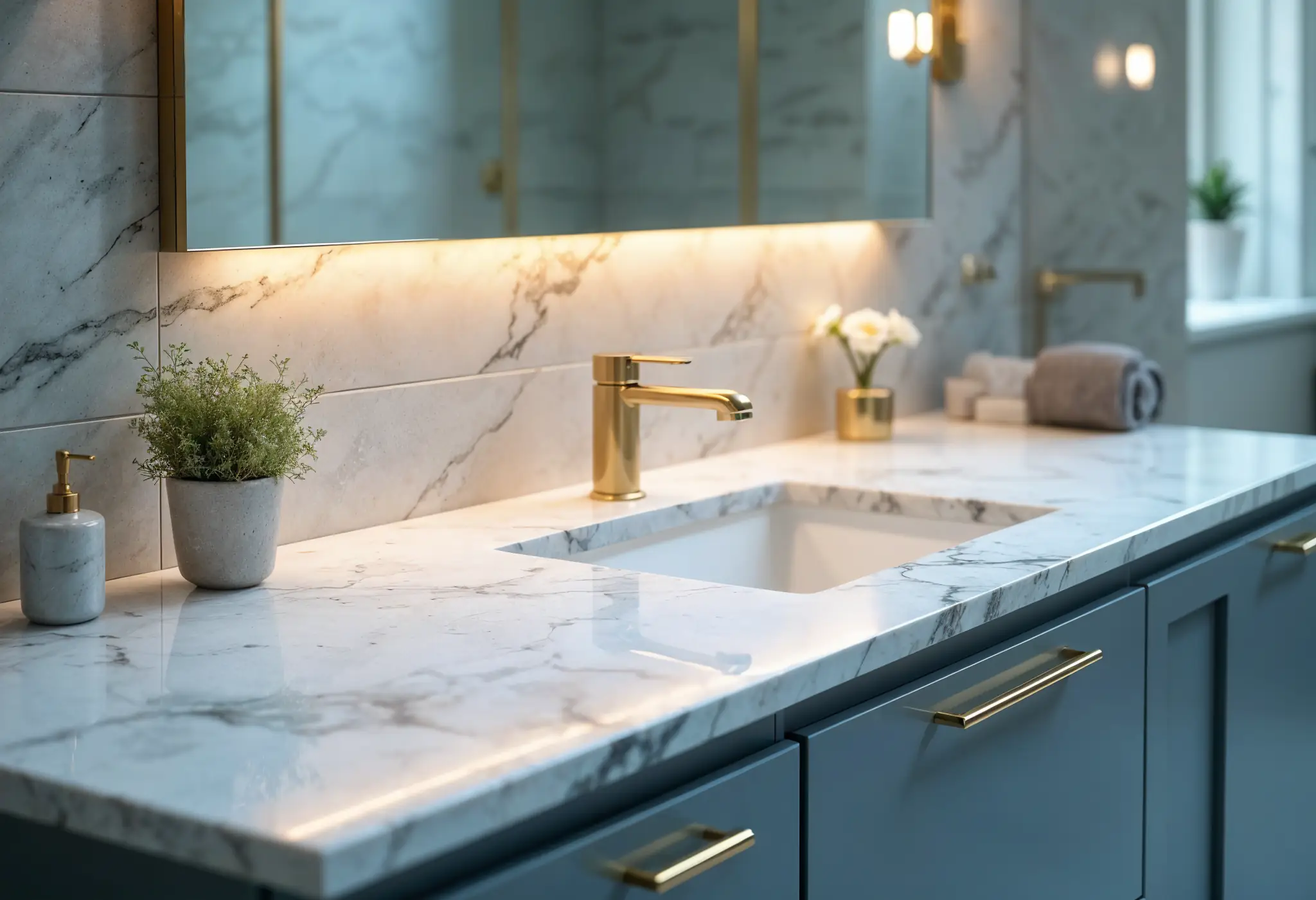 Quartzite combines beauty and durability, making it perfect for luxury bathroom vanities.