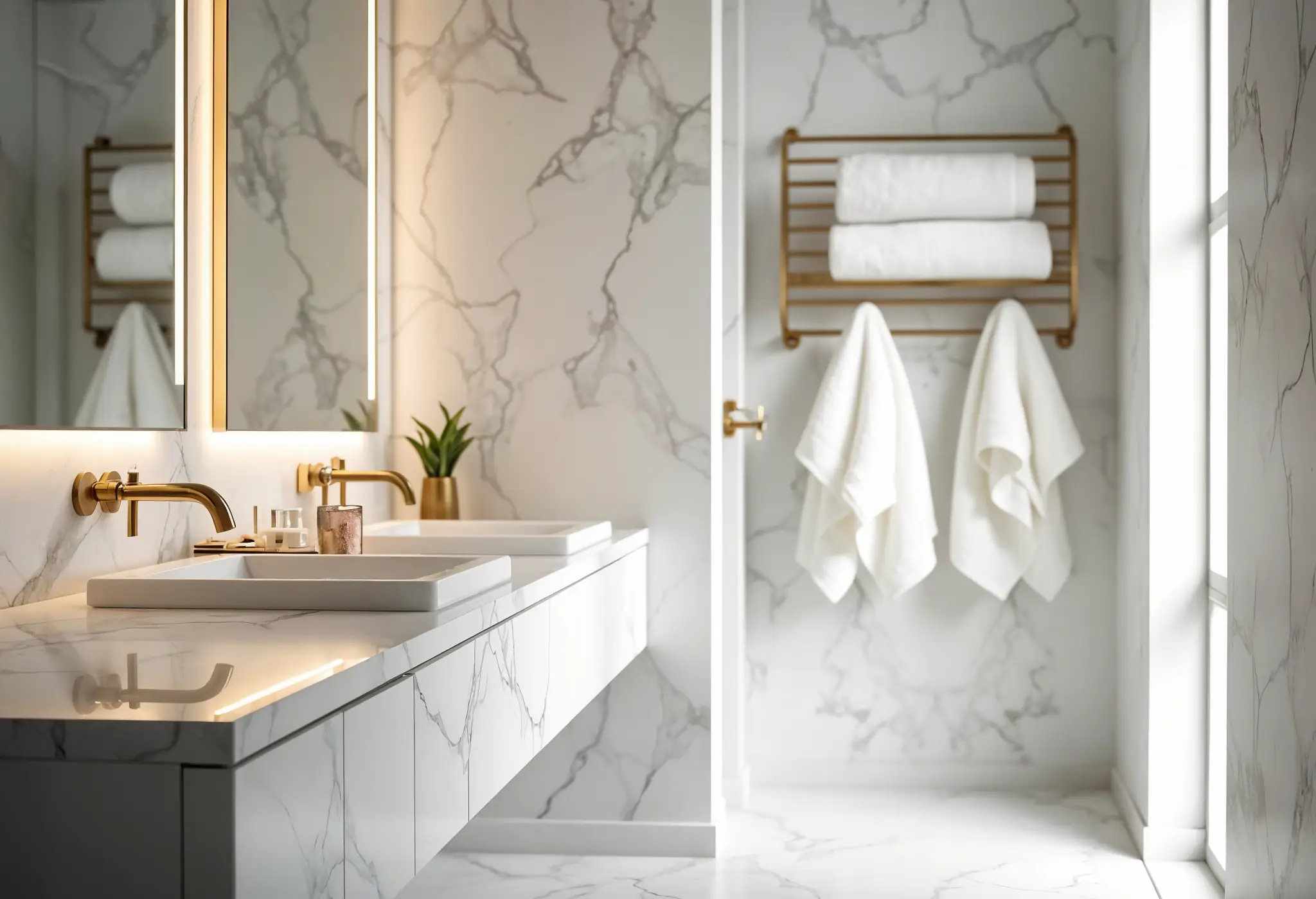 Brushed gold fixtures add subtle opulence and sophistication to modern bathrooms.