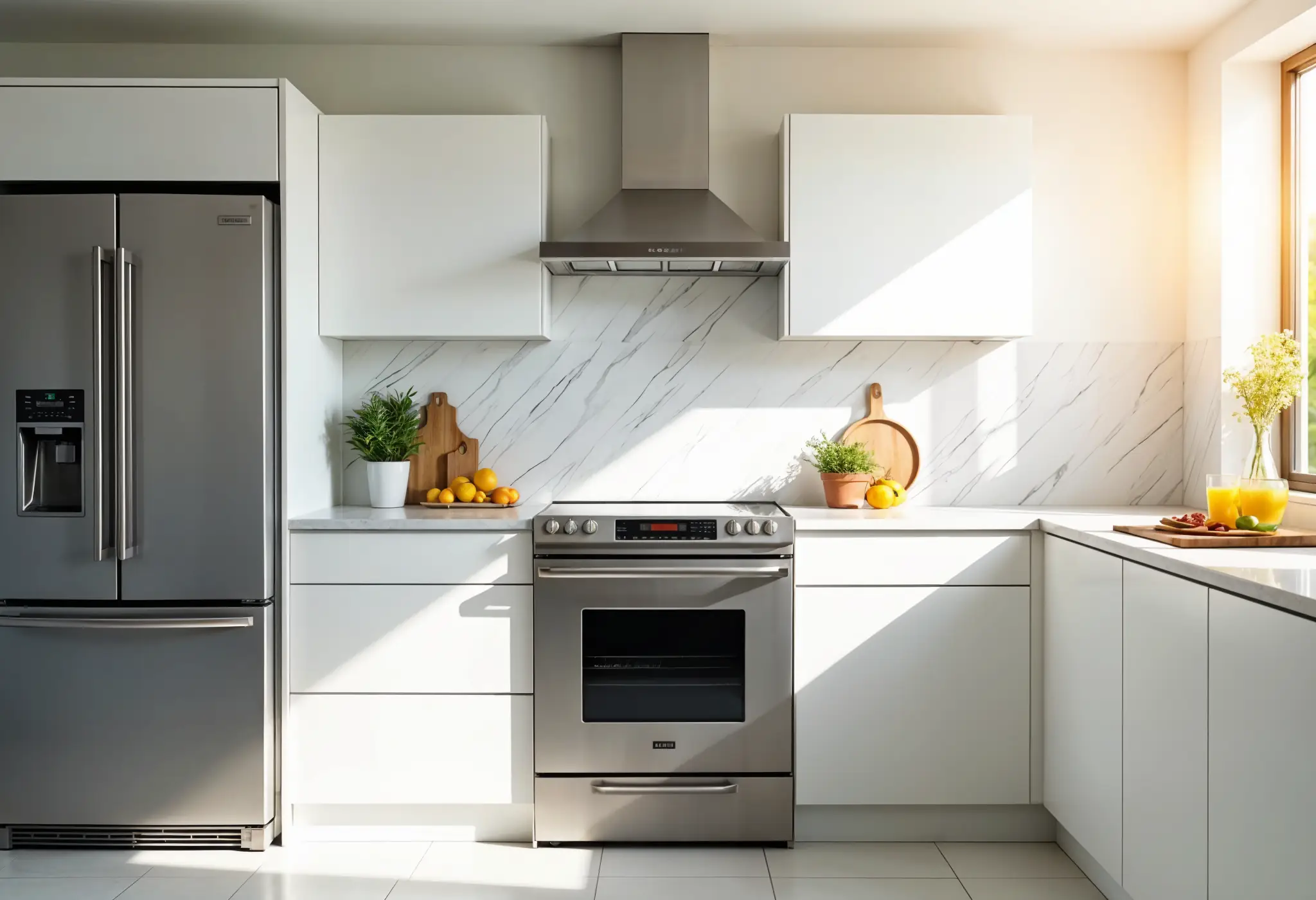 Stainless steel refrigerator and oven in a contemporary kitchen with clean lines and minimalist decor.