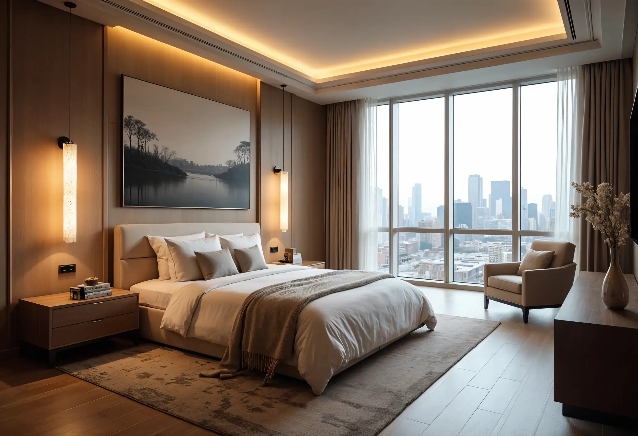 Finished luxury apartment interior with custom millwork and city views.