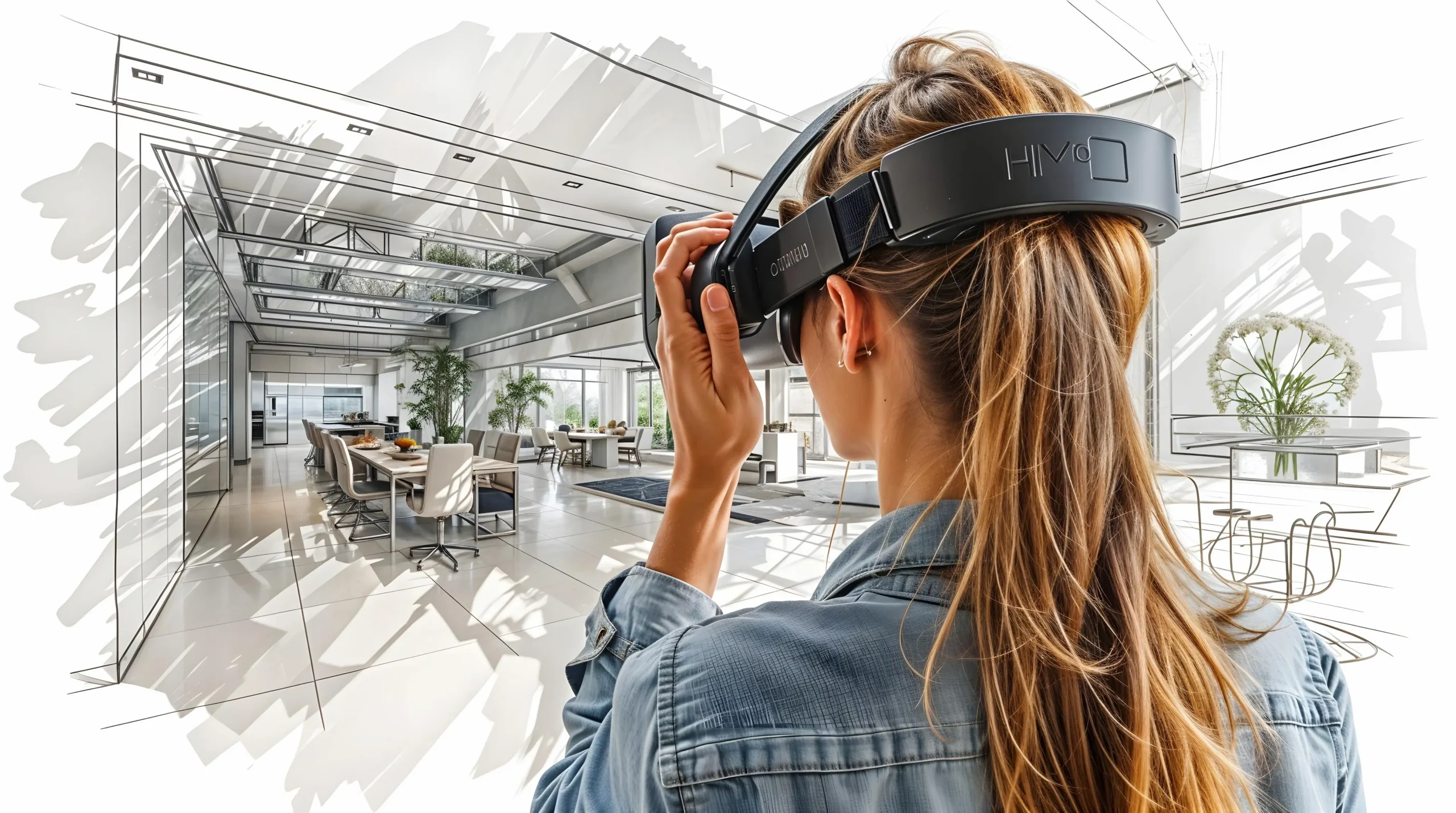 Homeowner using virtual reality to view 3D kitchen layout.