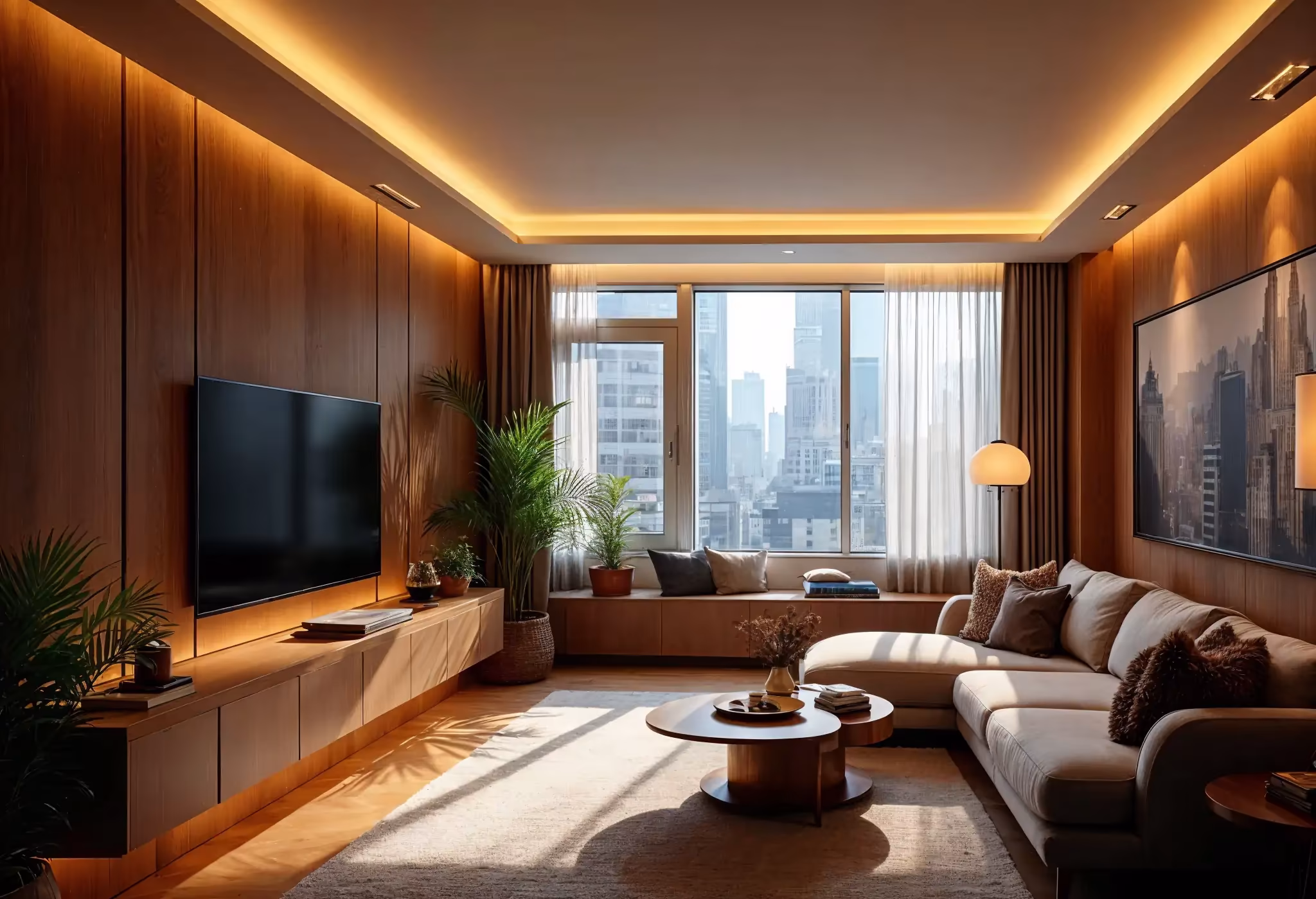 Smart lighting system adjusting brightness and color temperature to match the time of day.