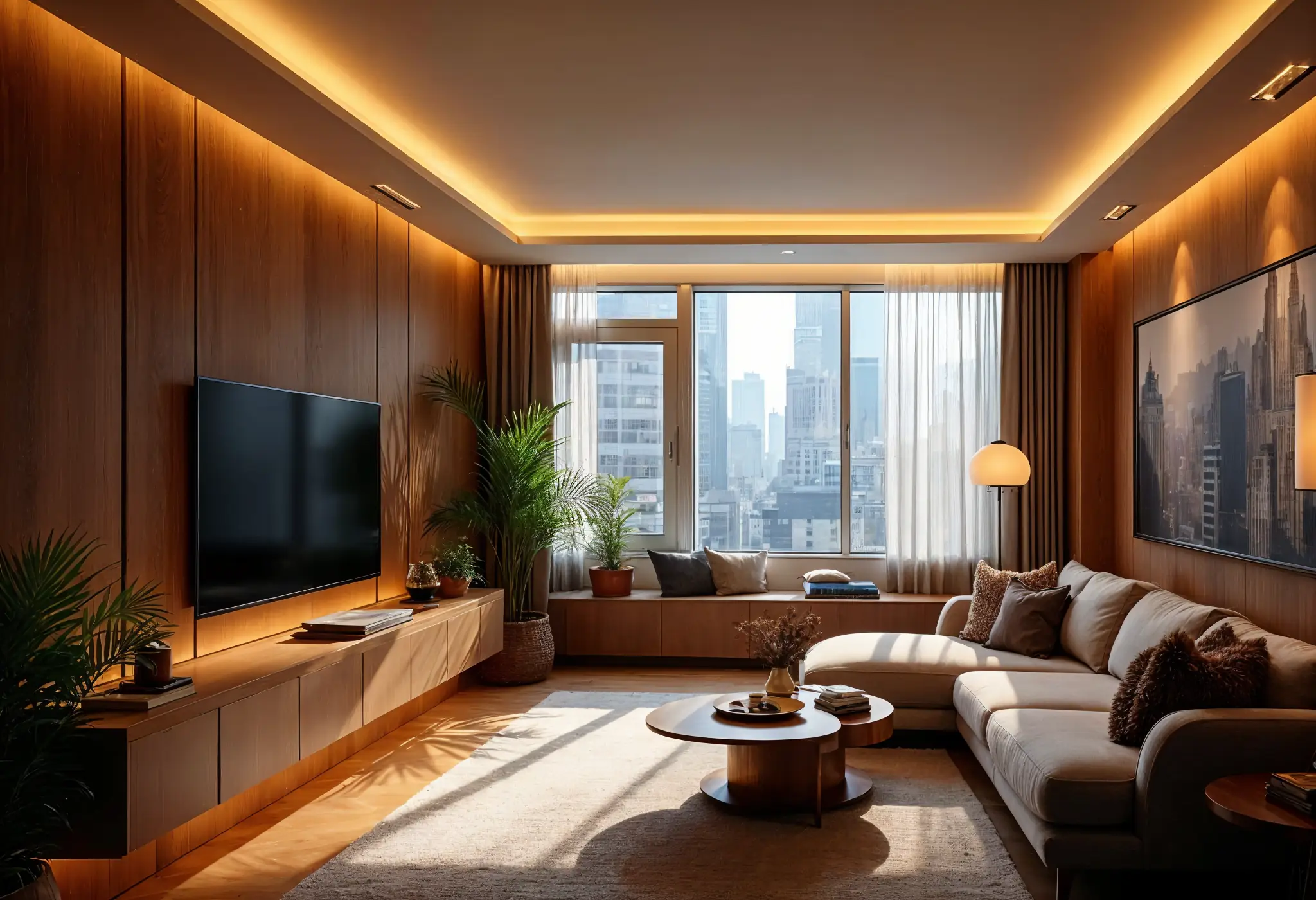 Smart lighting system adjusting brightness and color temperature to match the time of day.