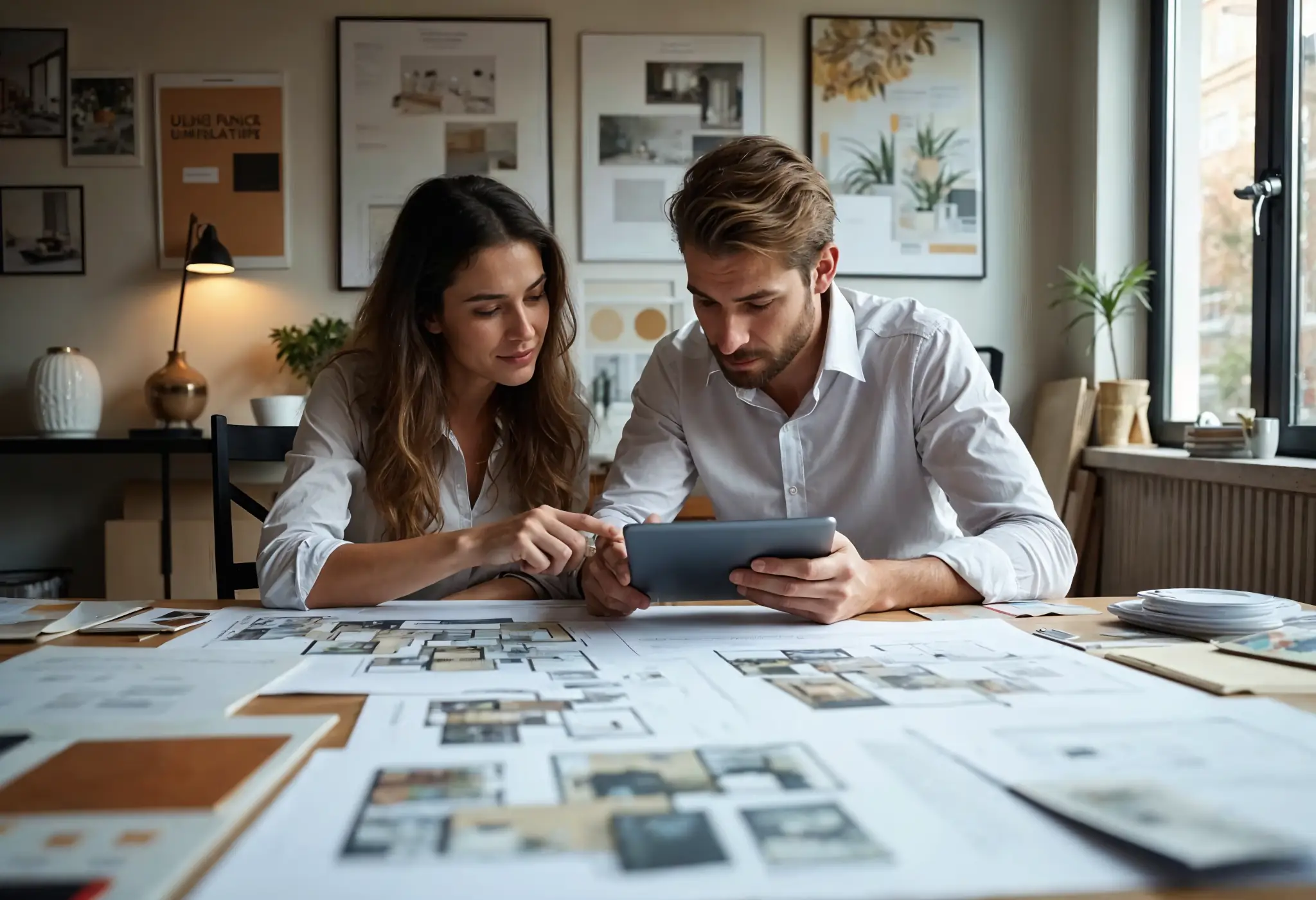 Architect's workstation with luxury renovation blueprints and design tools.