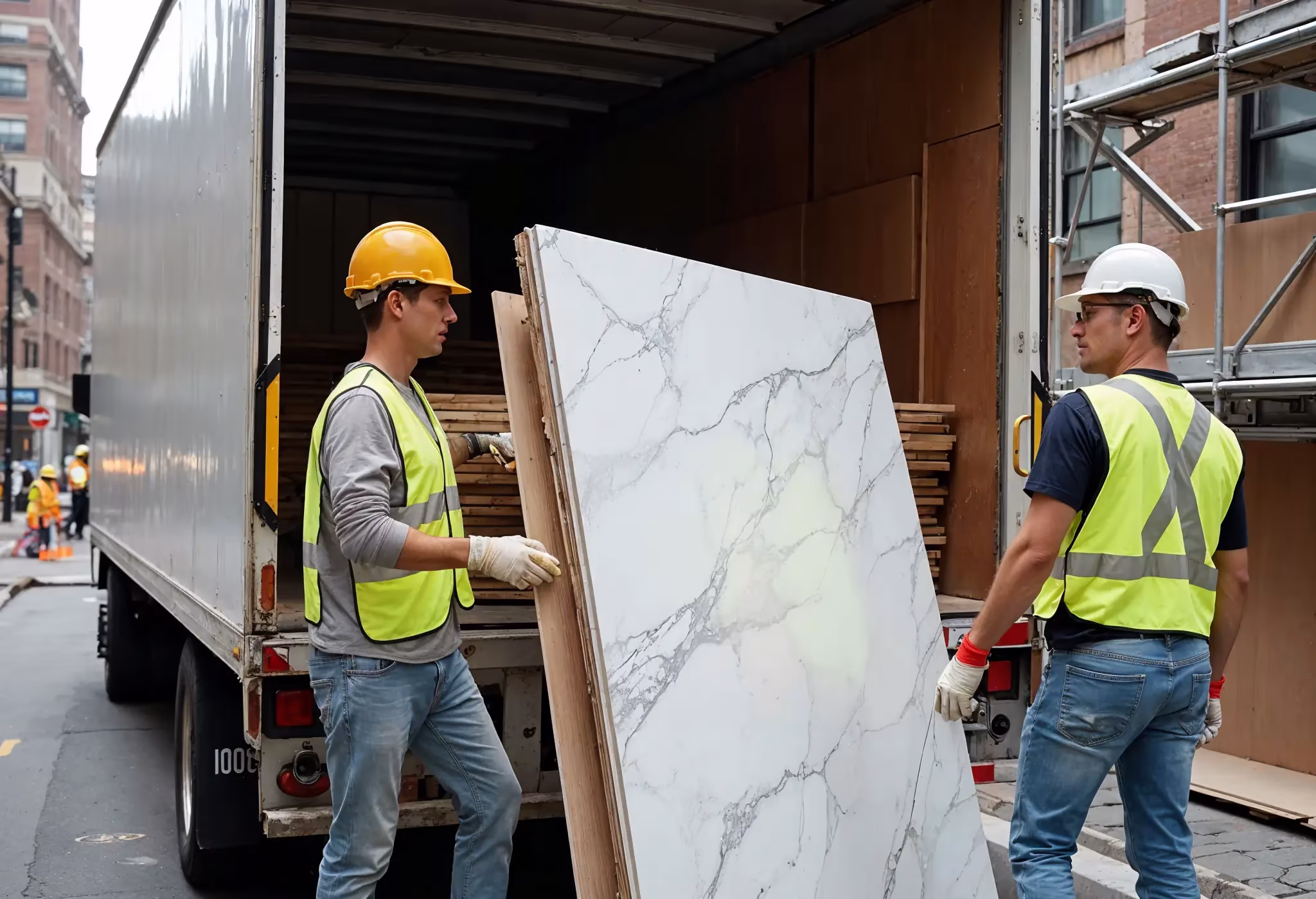 Delivery of premium building materials for a Manhattan luxury renovation.