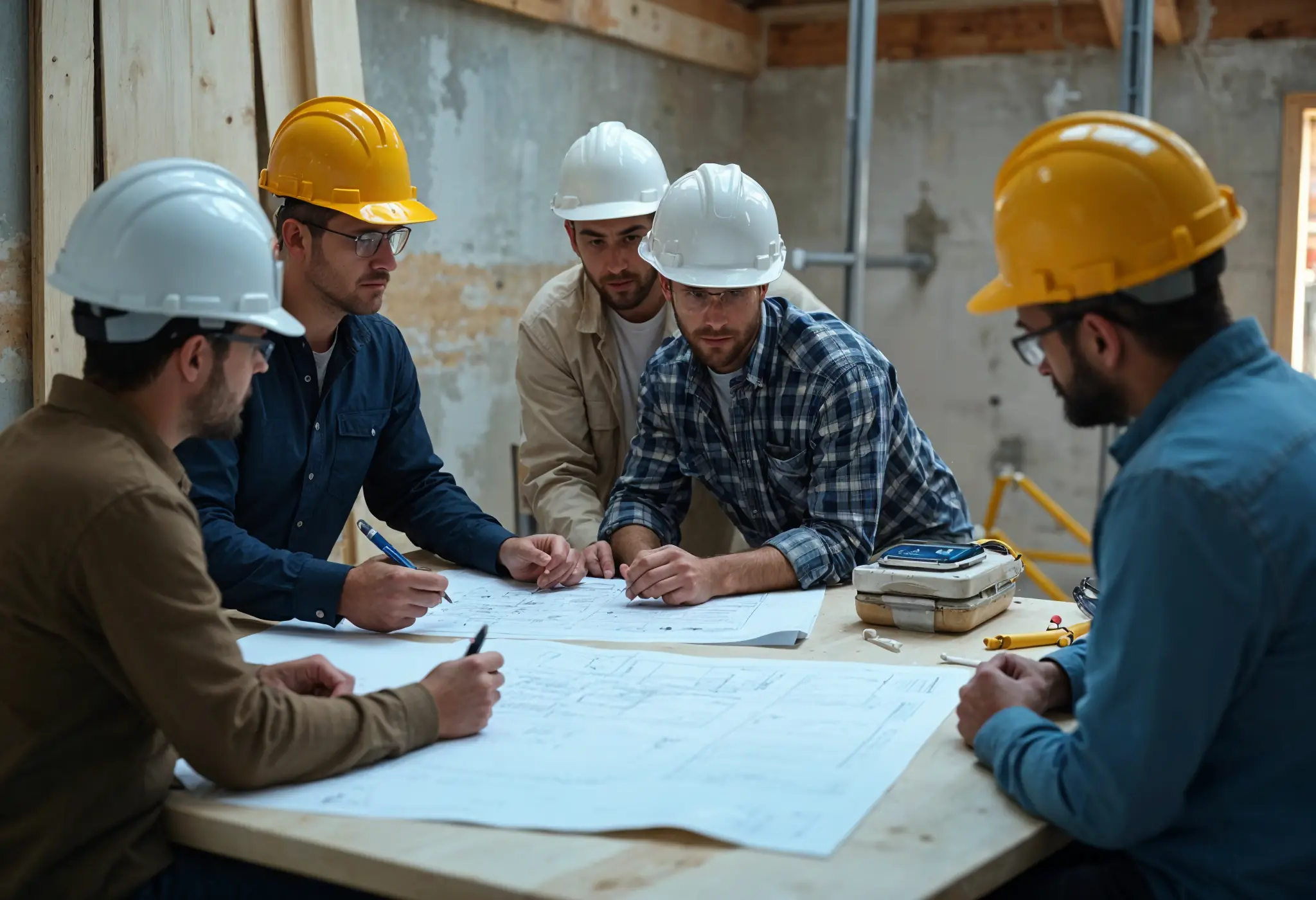 Project manager coordinating contractors at a luxury home renovation site.