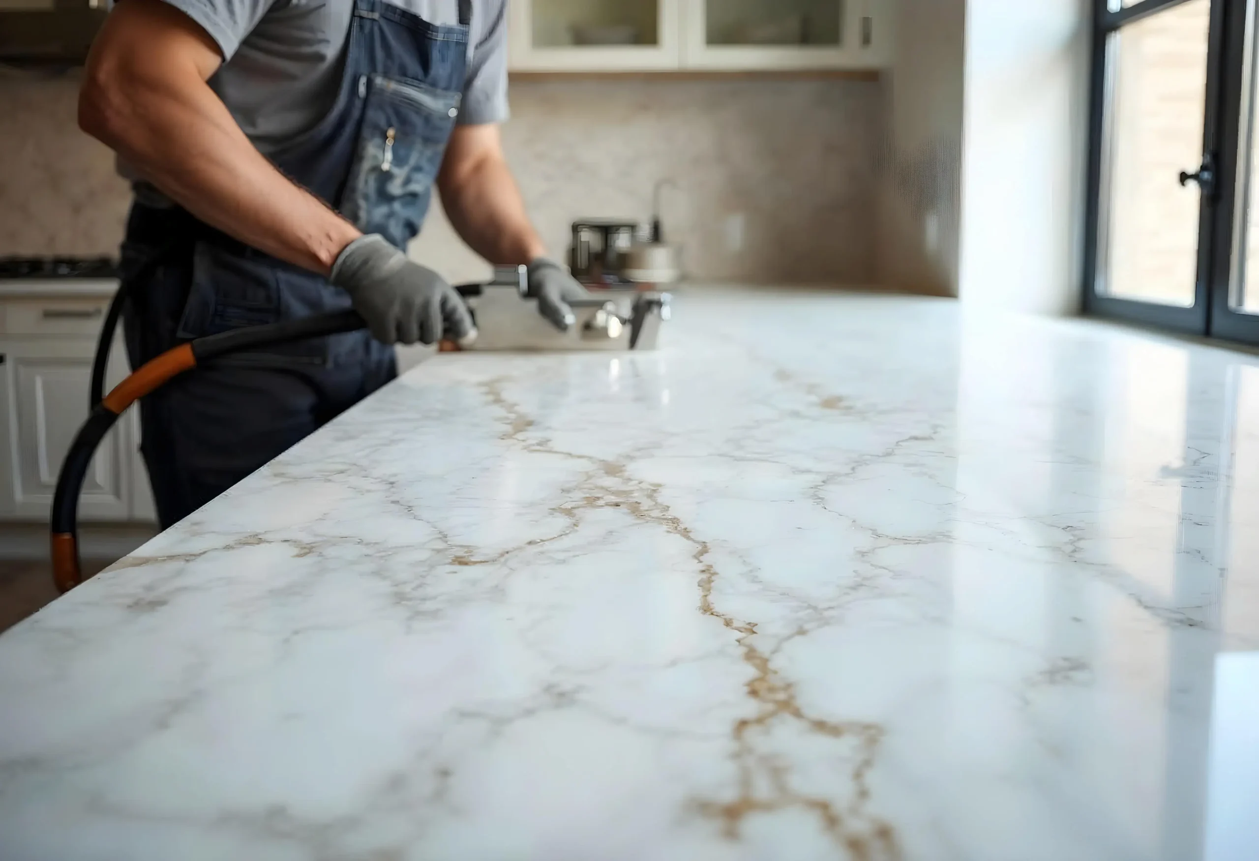 Workers installing marble countertops in a high-end Manhattan home.