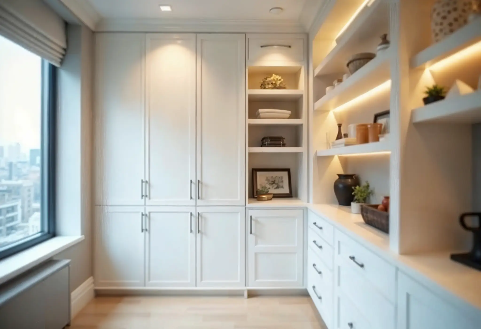 Custom floor-to-ceiling cabinetry in a sleek, modern Manhattan apartment.