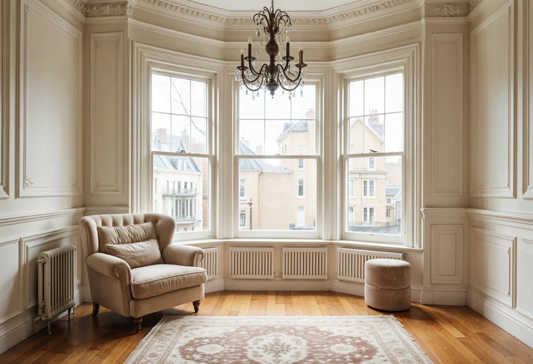 Classic pre-war apartment with crown moldings, hardwood floors, and vintage decor.