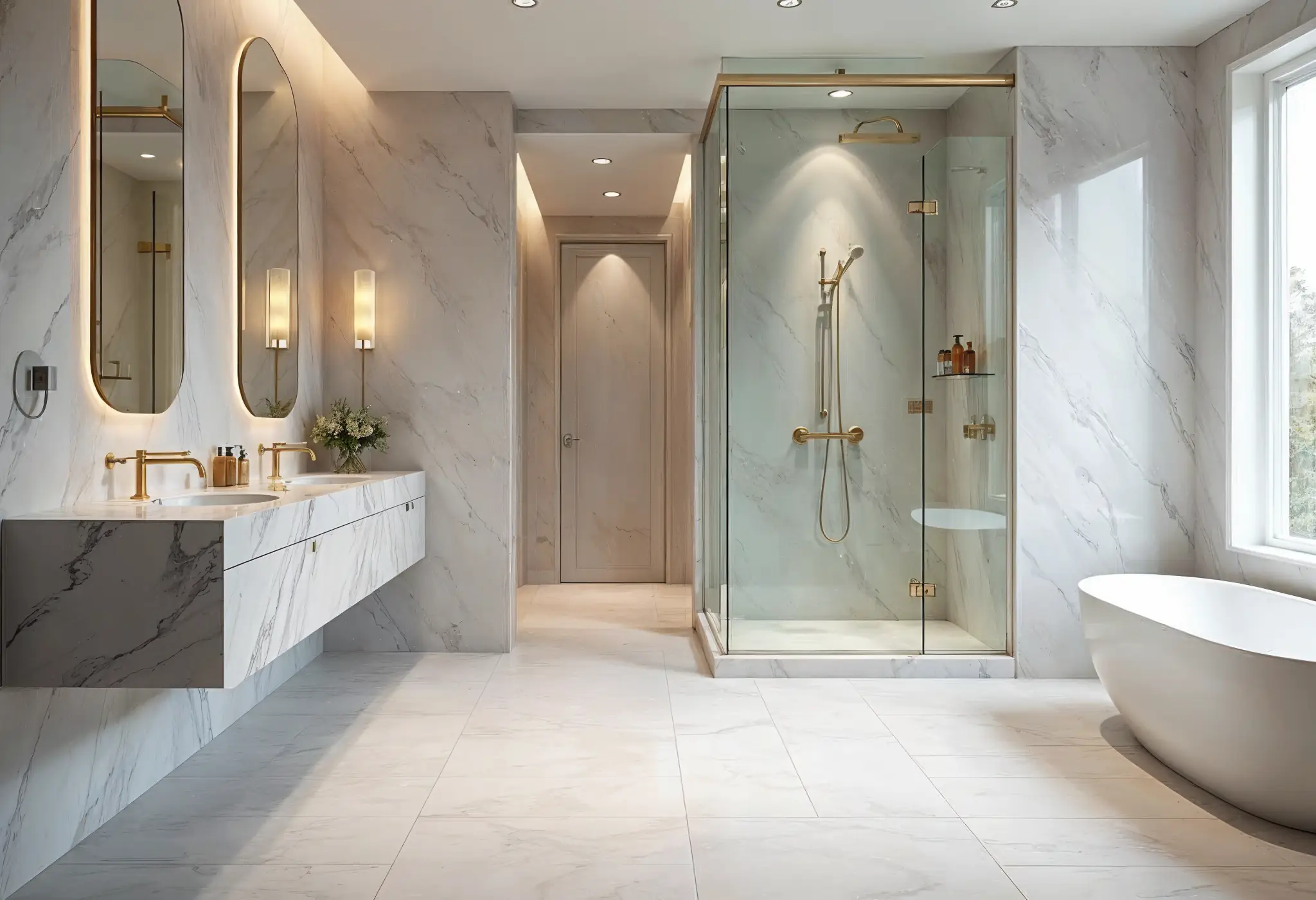Luxury marble bathroom with custom sinks, seamless marble walls, and gold fixtures.