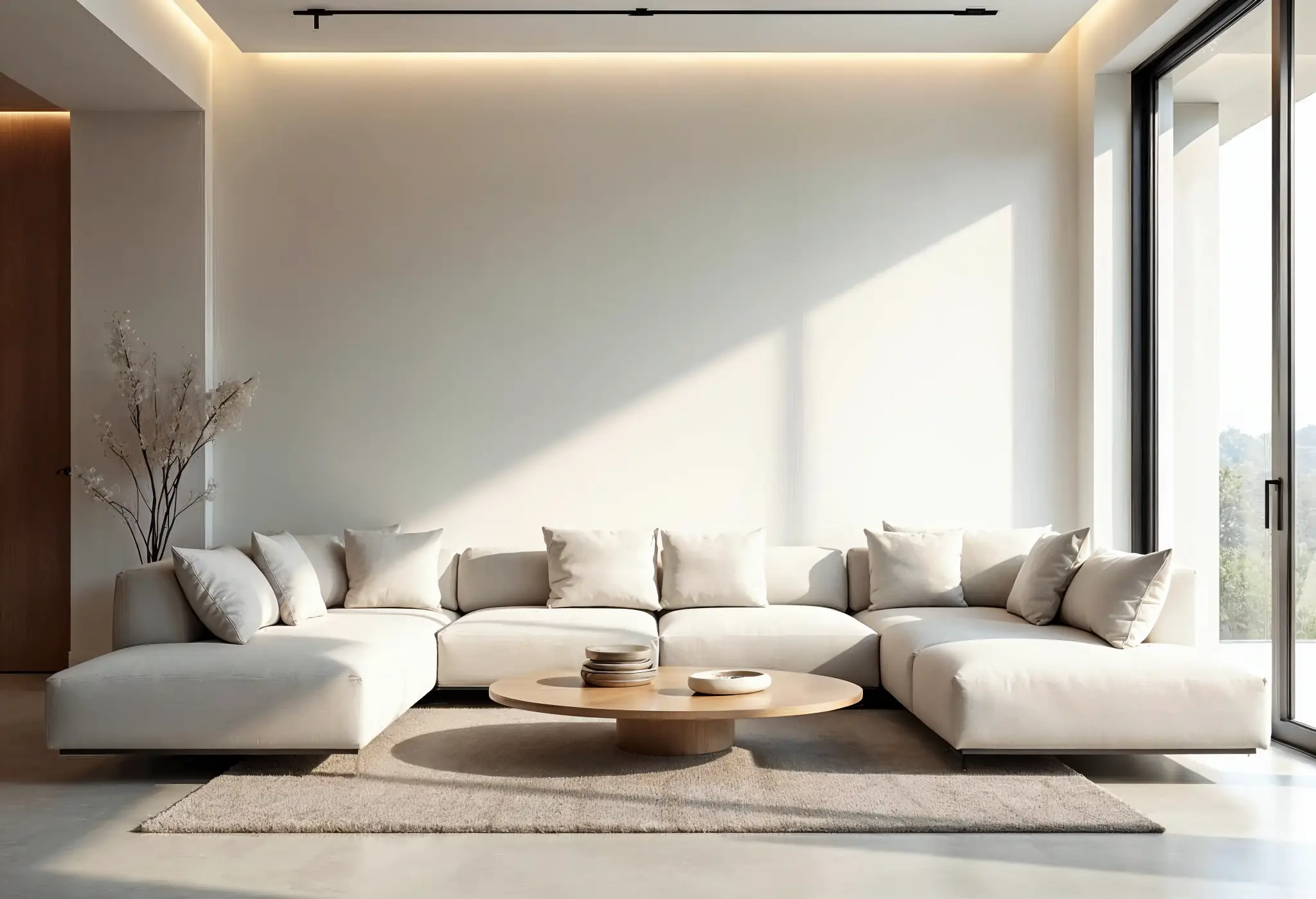 Modern minimalist living room with sleek furniture, neutral paint colors, and expansive windows.