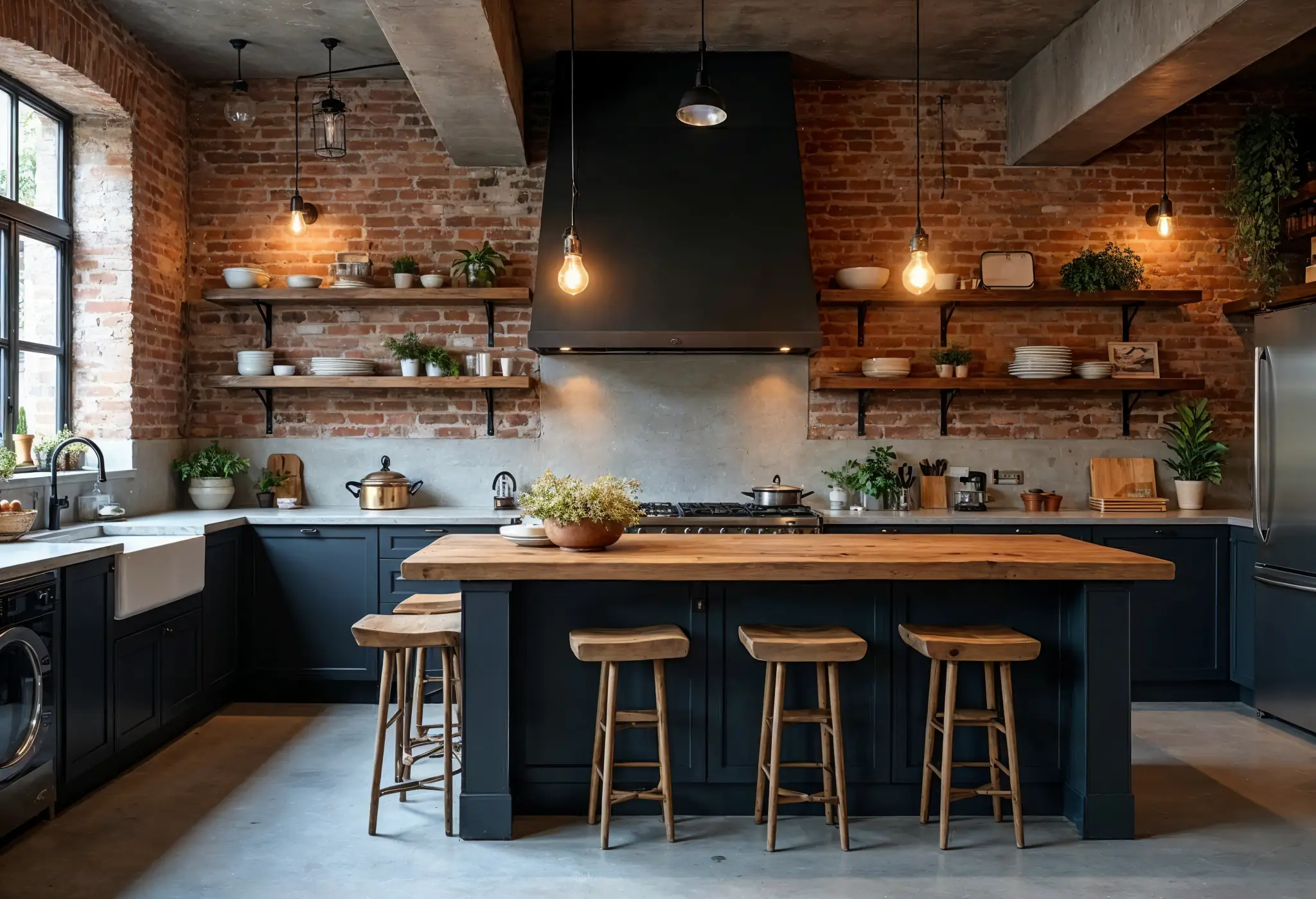 Industrial chic kitchen with exposed brick walls, concrete surfaces, and black metal accents.