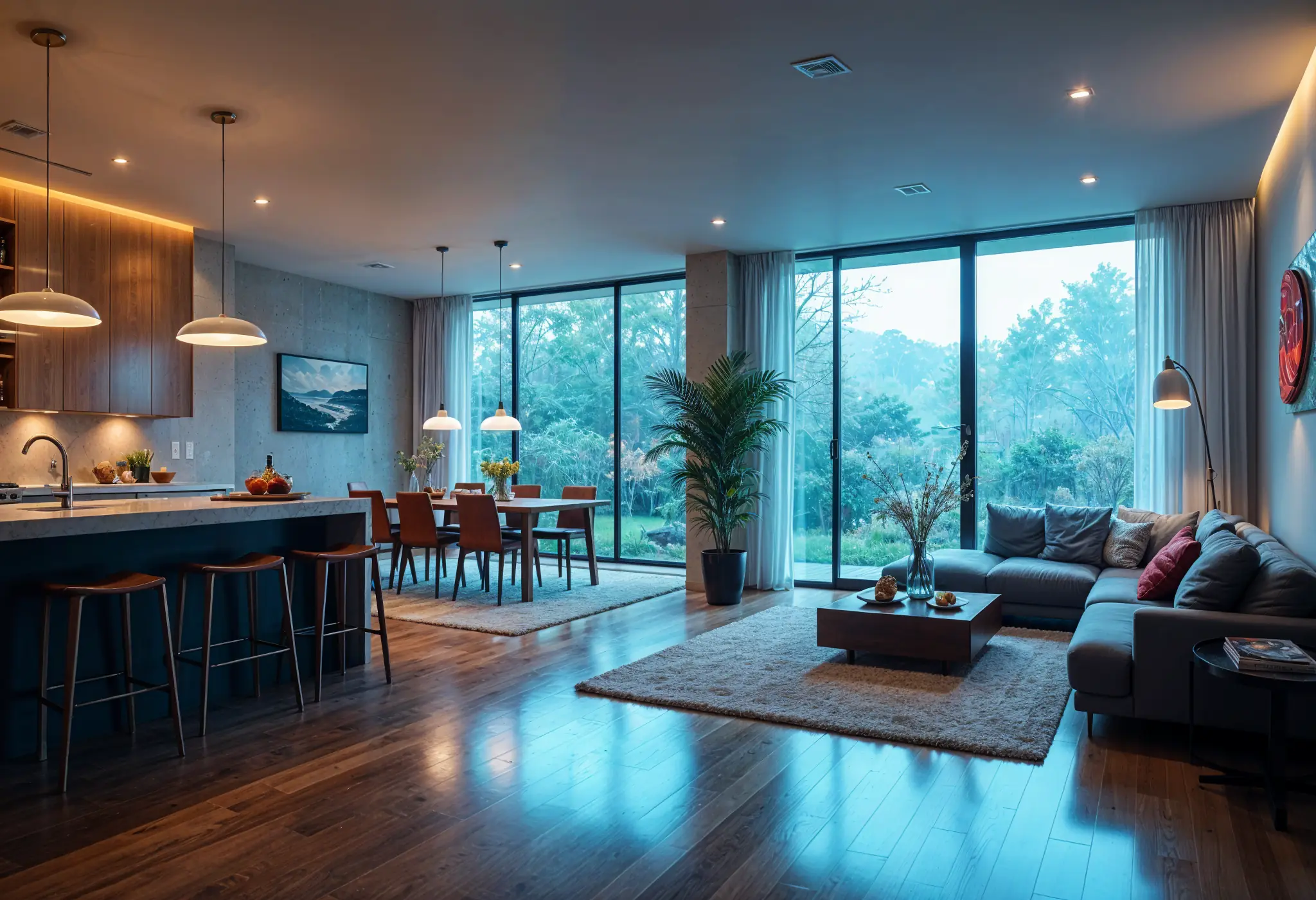 Open-concept living space with integrated kitchen, dining, and living areas, filled with natural light.