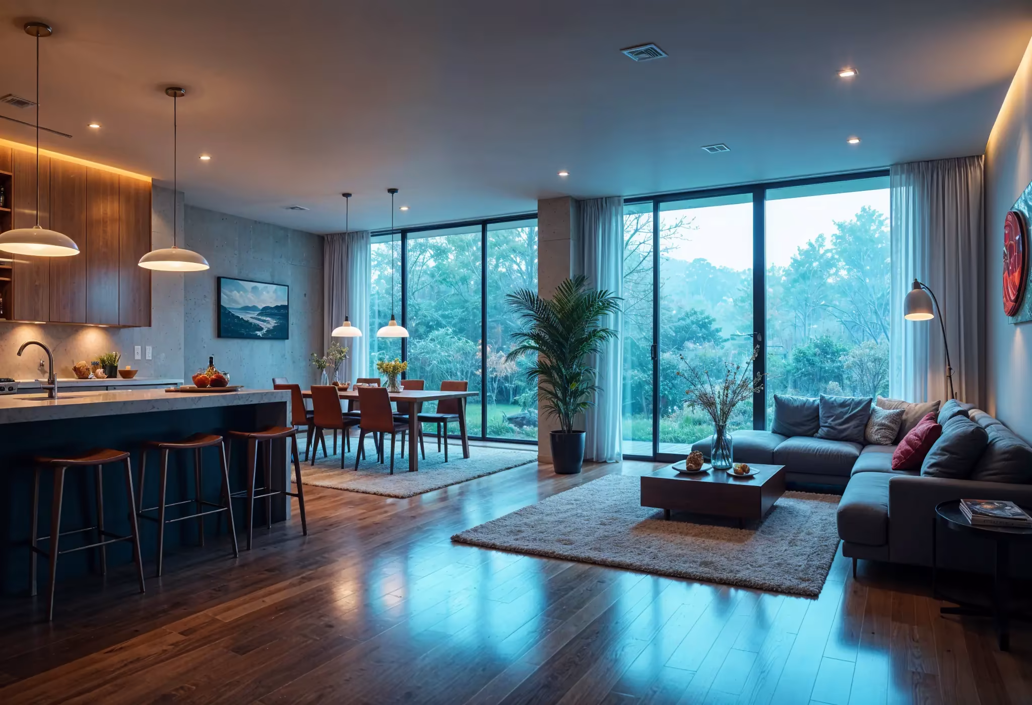 Open-concept living space with integrated kitchen, dining, and living areas, filled with natural light.