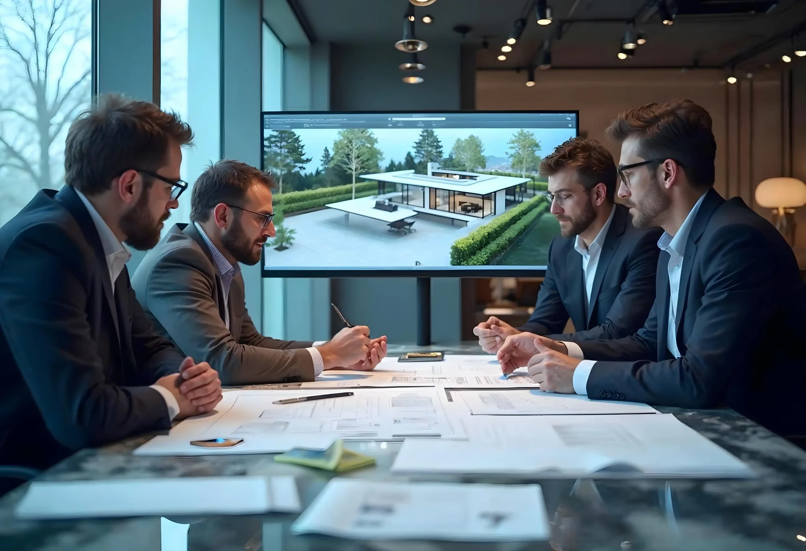 Architects discussing blueprints and 3D models for a Manhattan luxury home renovation.